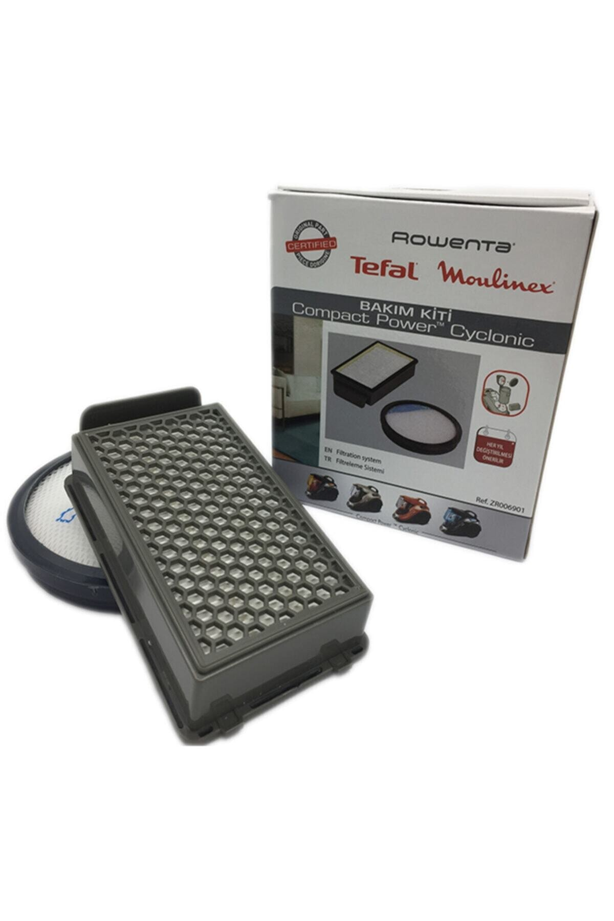 Gri elektrik süpürgesi filtresi ve Rowenta, Tefal, Moulinex ambalajı.