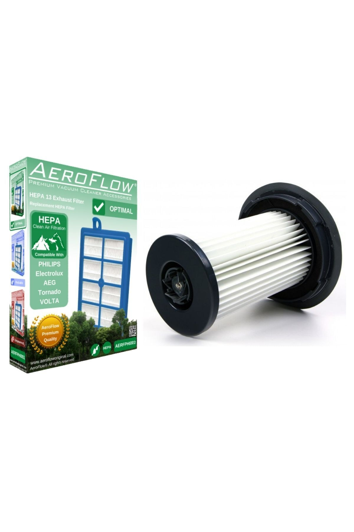 Aeroflow HEPA 13 elektrikli süpürge filtresi, ambalajı ve yanında bir filtre.