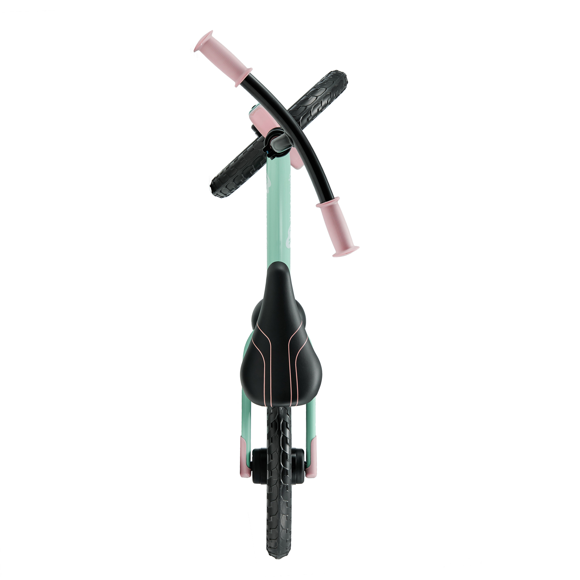 Ein mintgrünes Kinderfahrrad mit rosa Griffen und Sitz.
