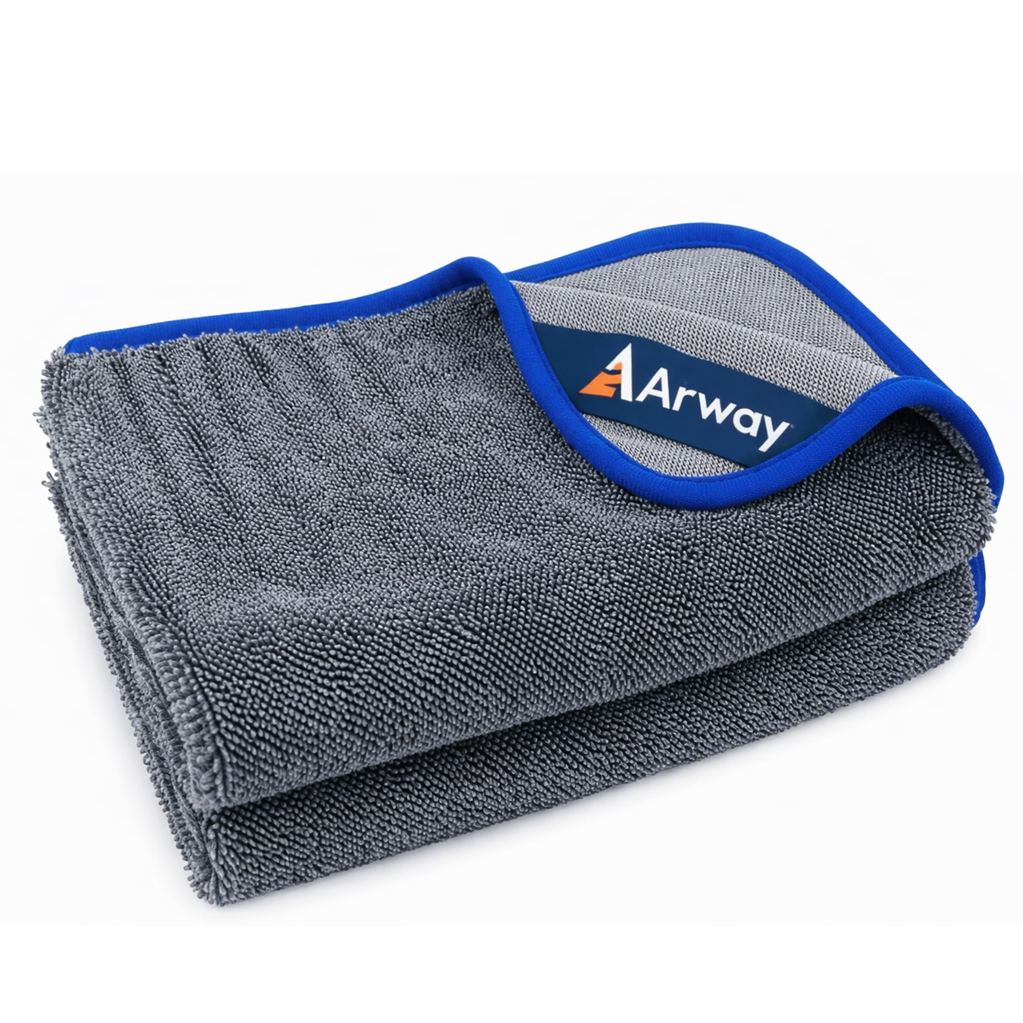 Mavi kenarlı ve Arway logolu gri mikrofiber havlu.