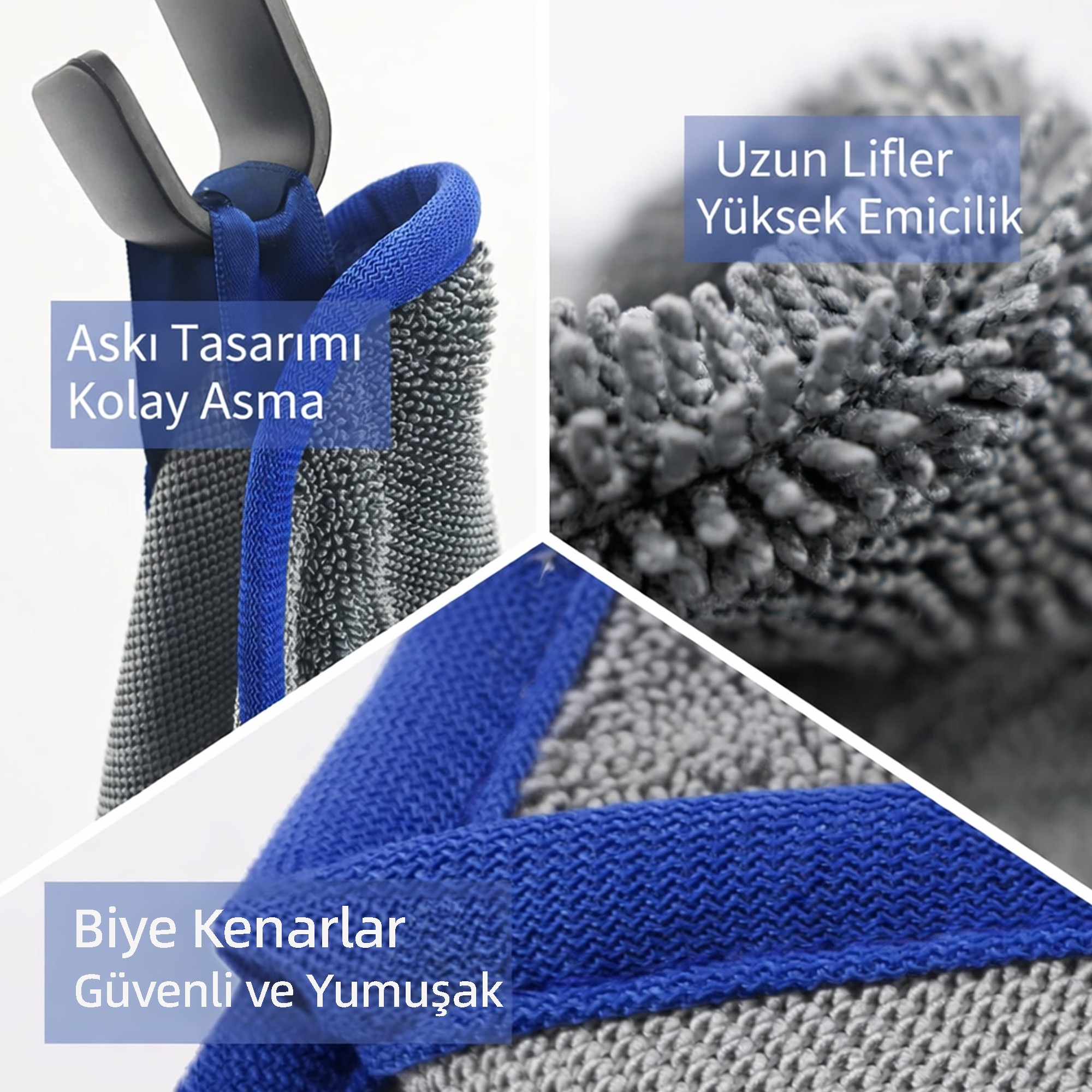 Mavi kenarlı gri mikrofiber bez, asma tasarımıyla kolay kullanım.