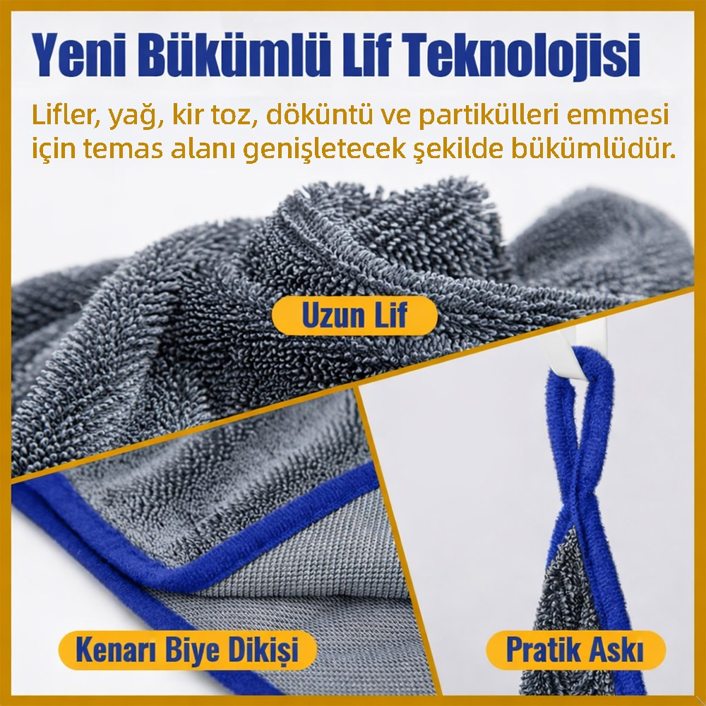 Mavi kenarlı ve asma halkalı gri mikrofiber bez.