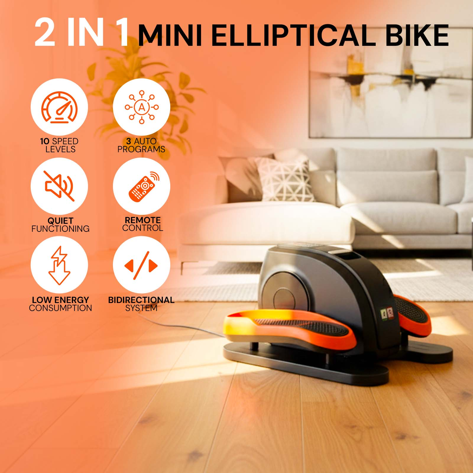 Una mini bicicleta elíptica negra con detalles naranjas sobre suelo de madera.