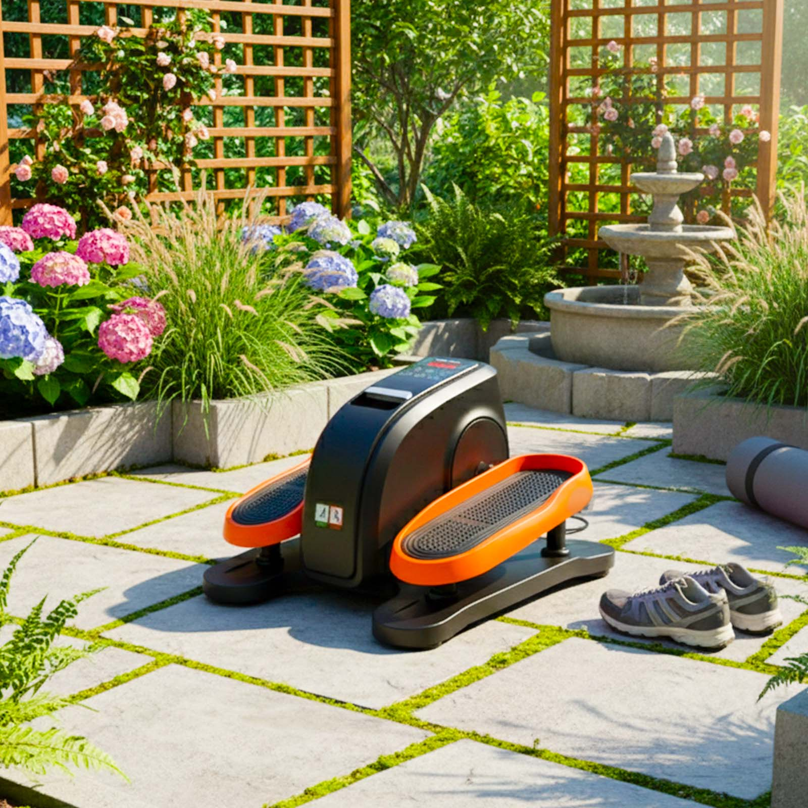 Una máquina elíptica con pedales naranjas se encuentra en un patio de piedra junto a zapatillas y una esterilla de yoga.