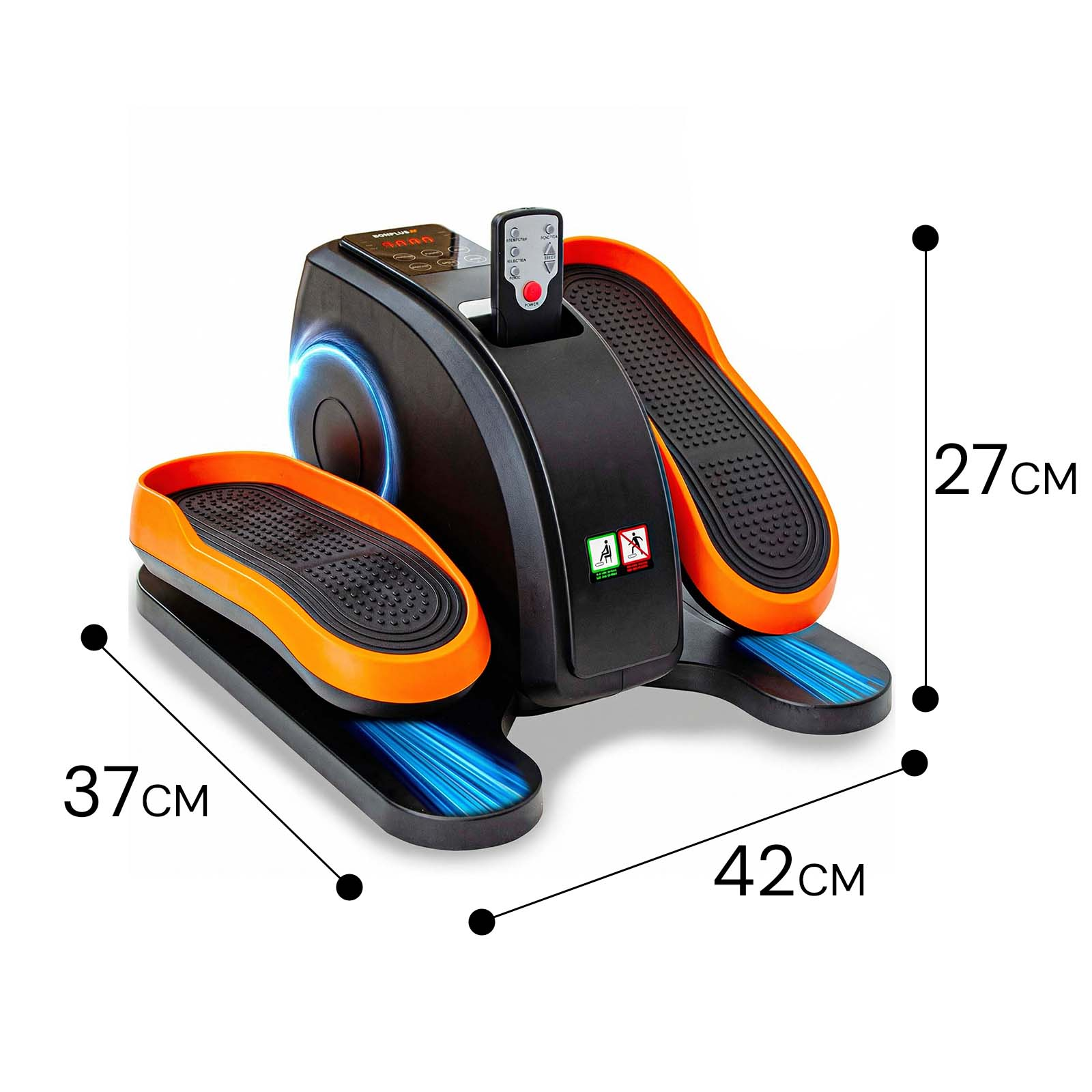 Entrenador elíptico compacto con pedales naranjas y luces LED azules.