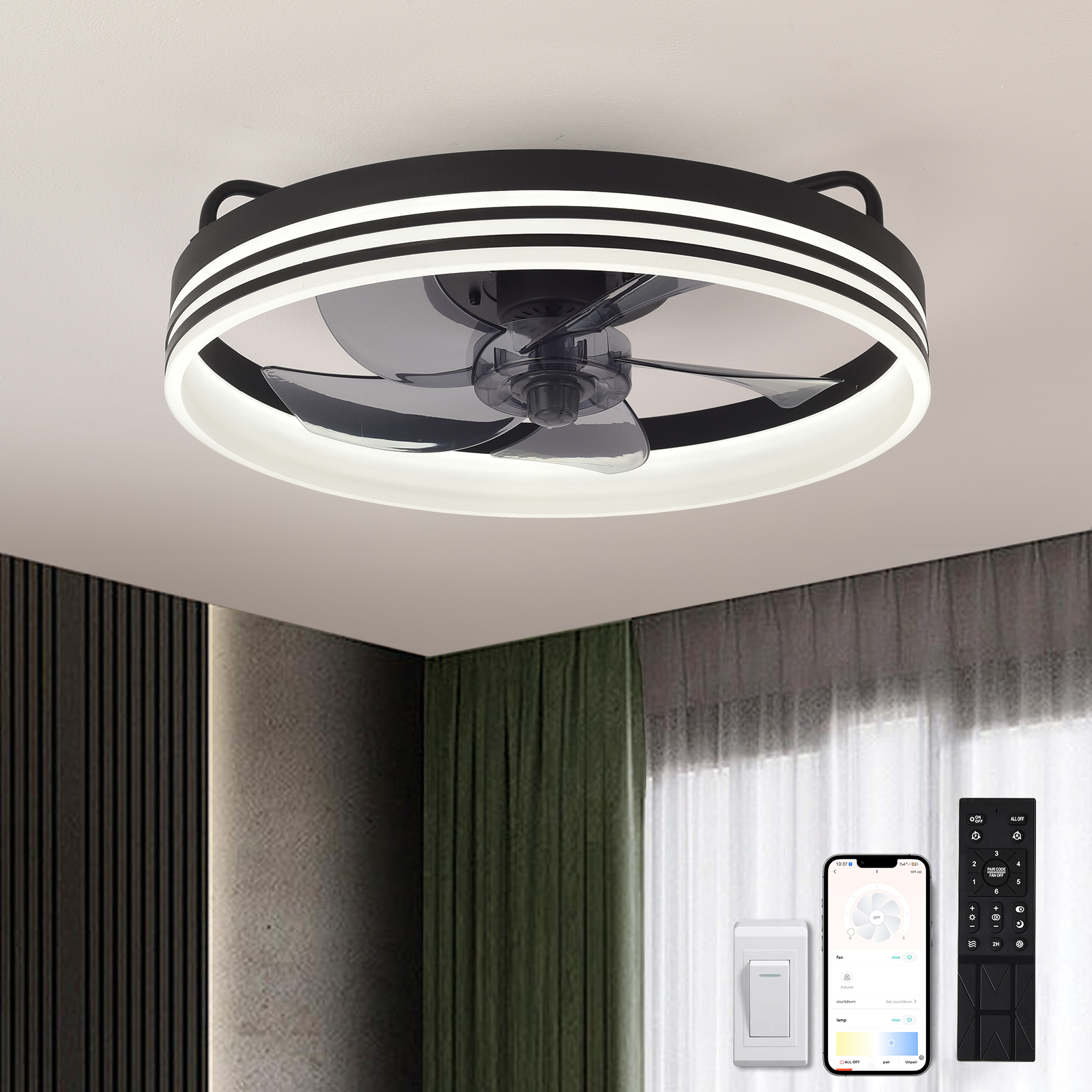 Ventilador de techo con luz, mando, móvil e interruptor.