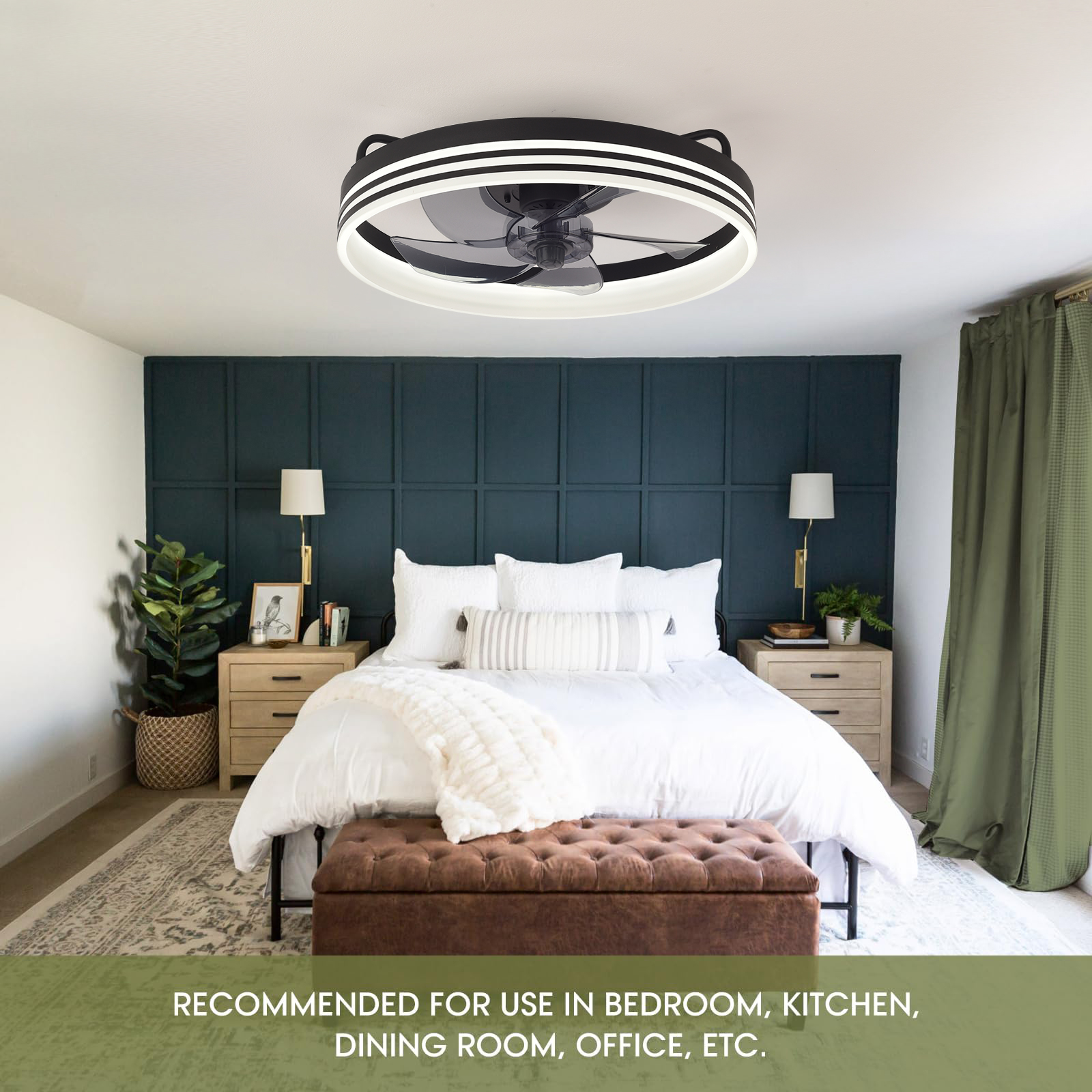 Dormitorio con ventilador de techo, cama y cortinas verdes.