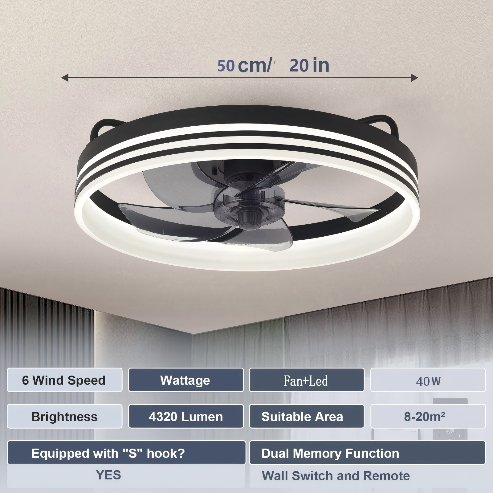 Ventilador de techo con luz LED, 50cm diámetro, 6 velocidades, 40W.
