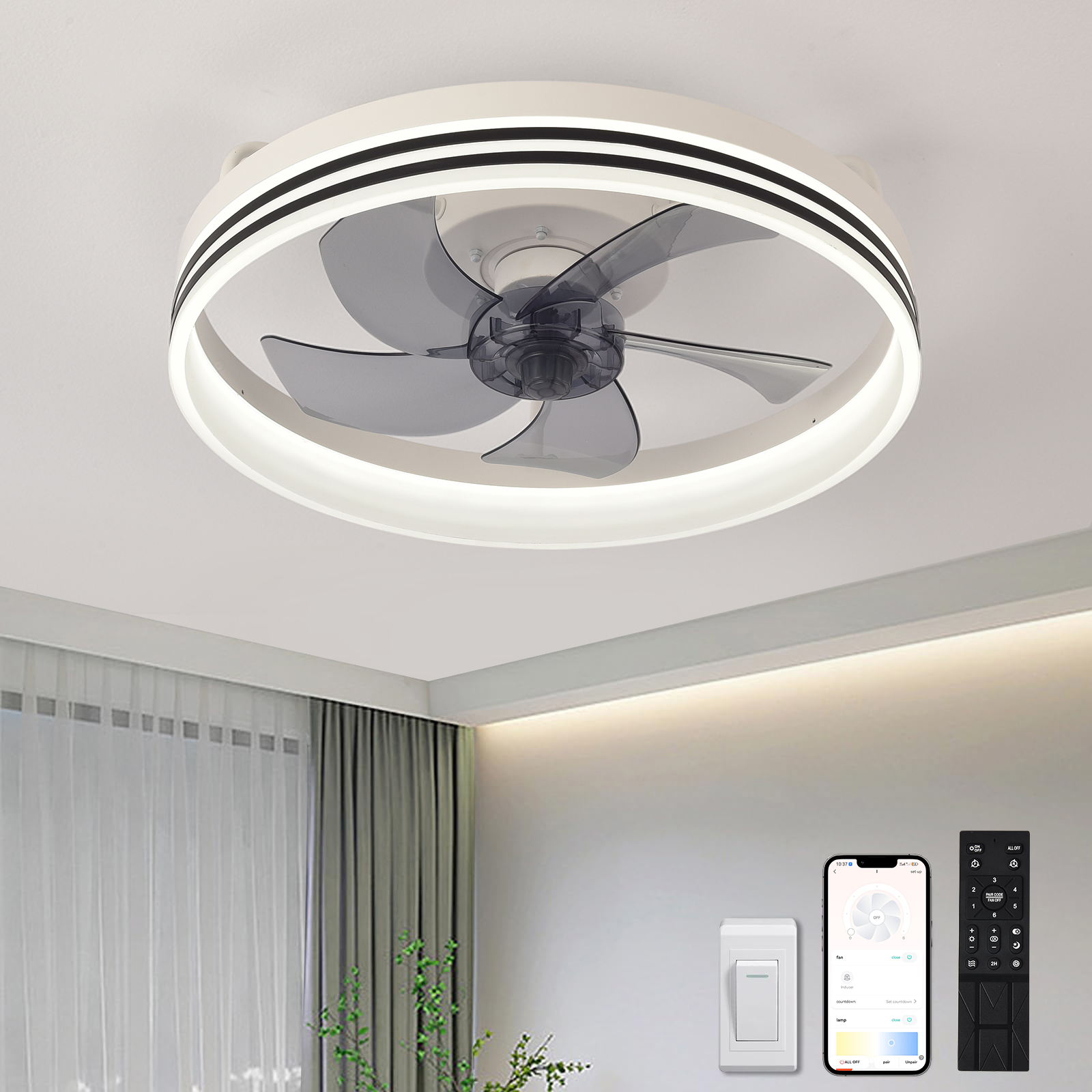 Lámpara de techo moderna con ventilador, mando y control por app.
