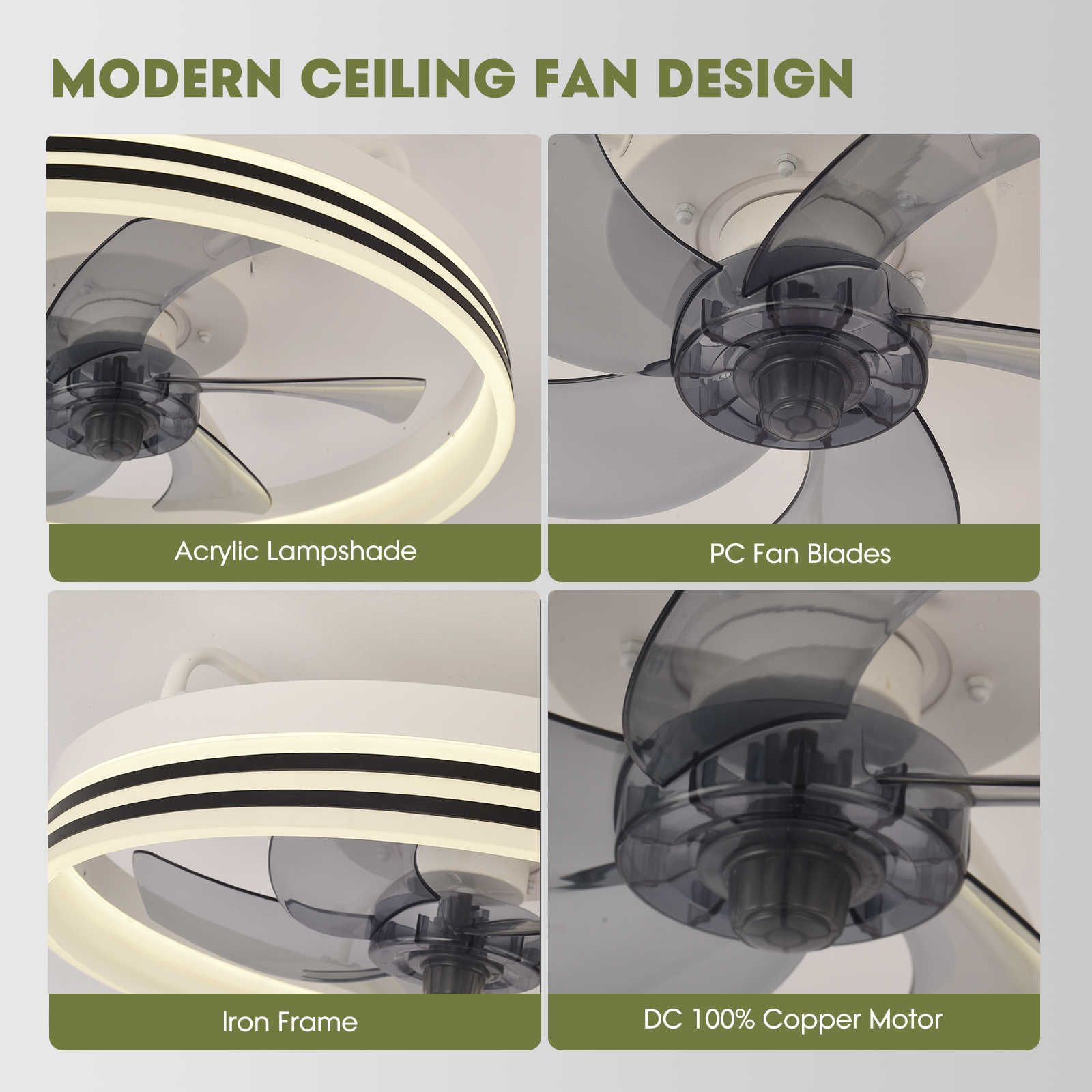 Ventilador de techo moderno con luz LED, pantalla acrílica, aspas de PC y marco de hierro.