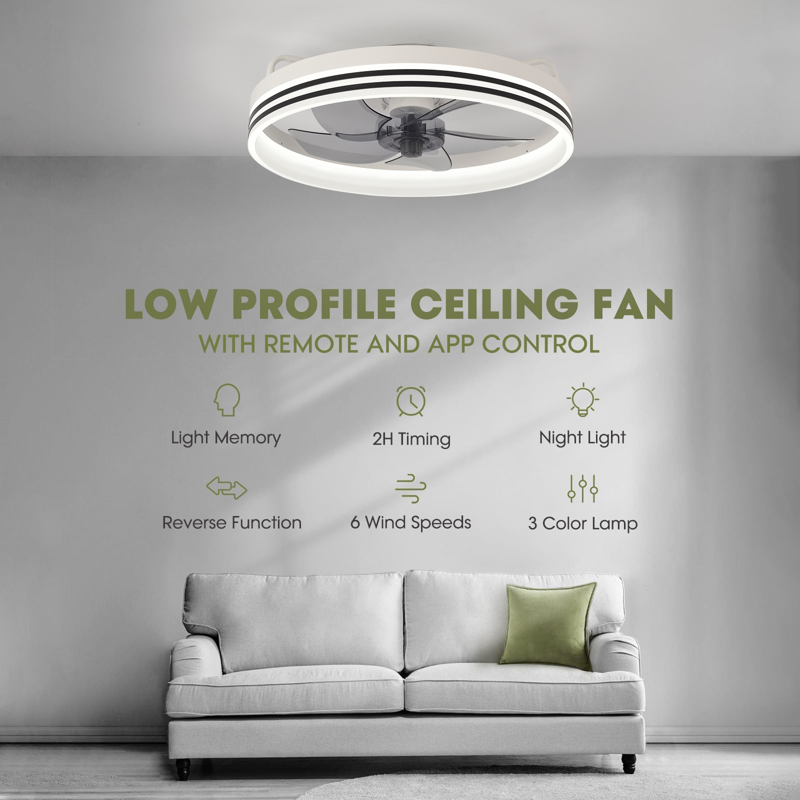 Ventilador de techo bajo con luz, temporizador, reversa, 6 velocidades.