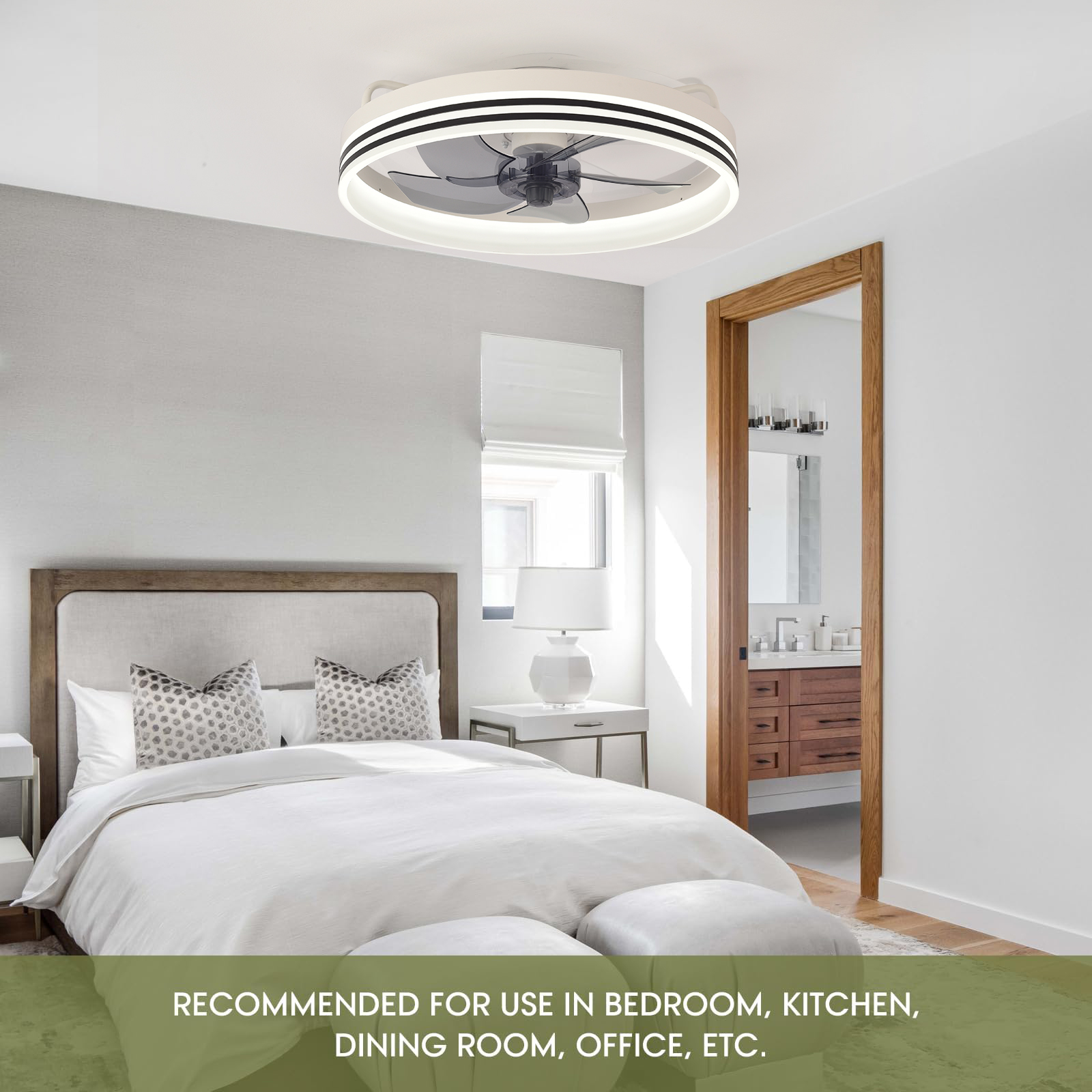 Dormitorio moderno con ropa de cama blanca, cabecero de madera y ventilador de techo.
