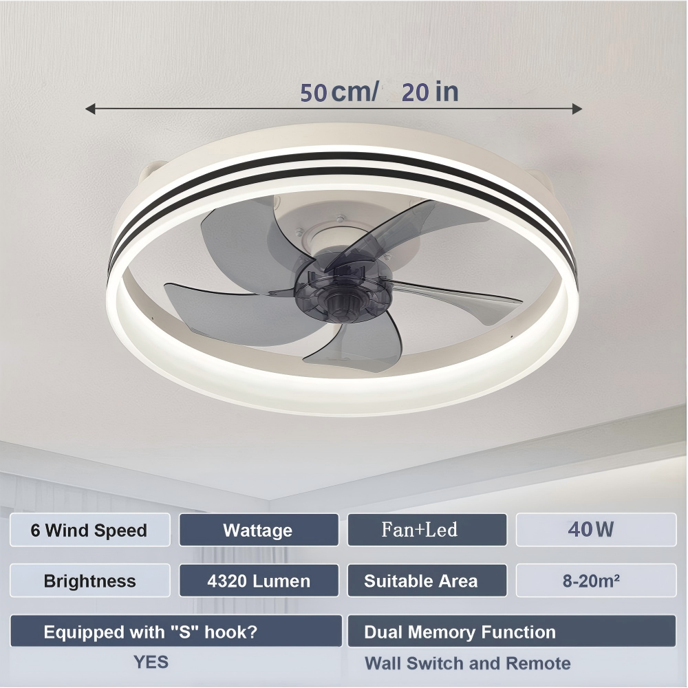 Ventilador de techo con anillo LED, 50cm diámetro, 6 velocidades, 40W.