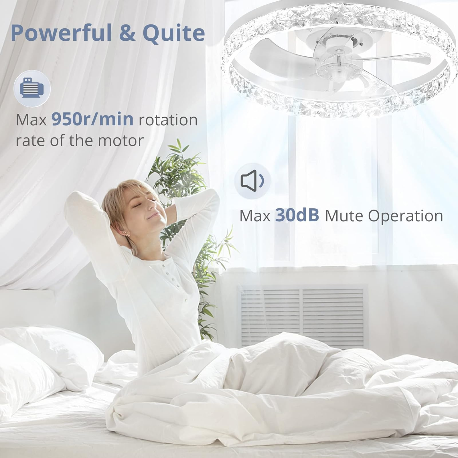 Mujer en cama, ventilador de techo con luz, 950 rpm, 30 dB.
