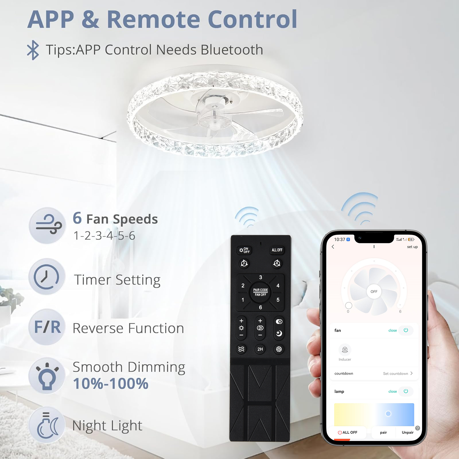 Ventilador de techo con borde de cristal, control remoto e interfaz de app.