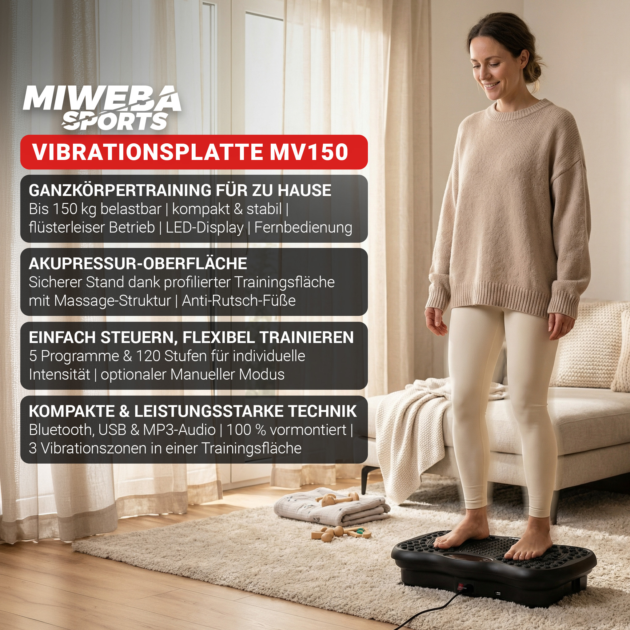 Frau auf Vibrationsplatte im Wohnzimmer. Text beschreibt Produktmerkmale.