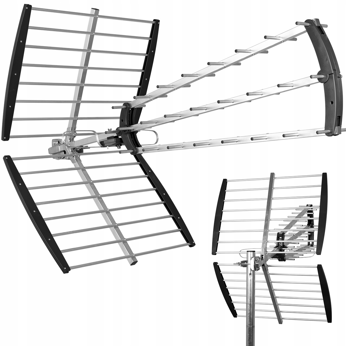 Srebrna antena z czarnymi elementami, na białym tle.