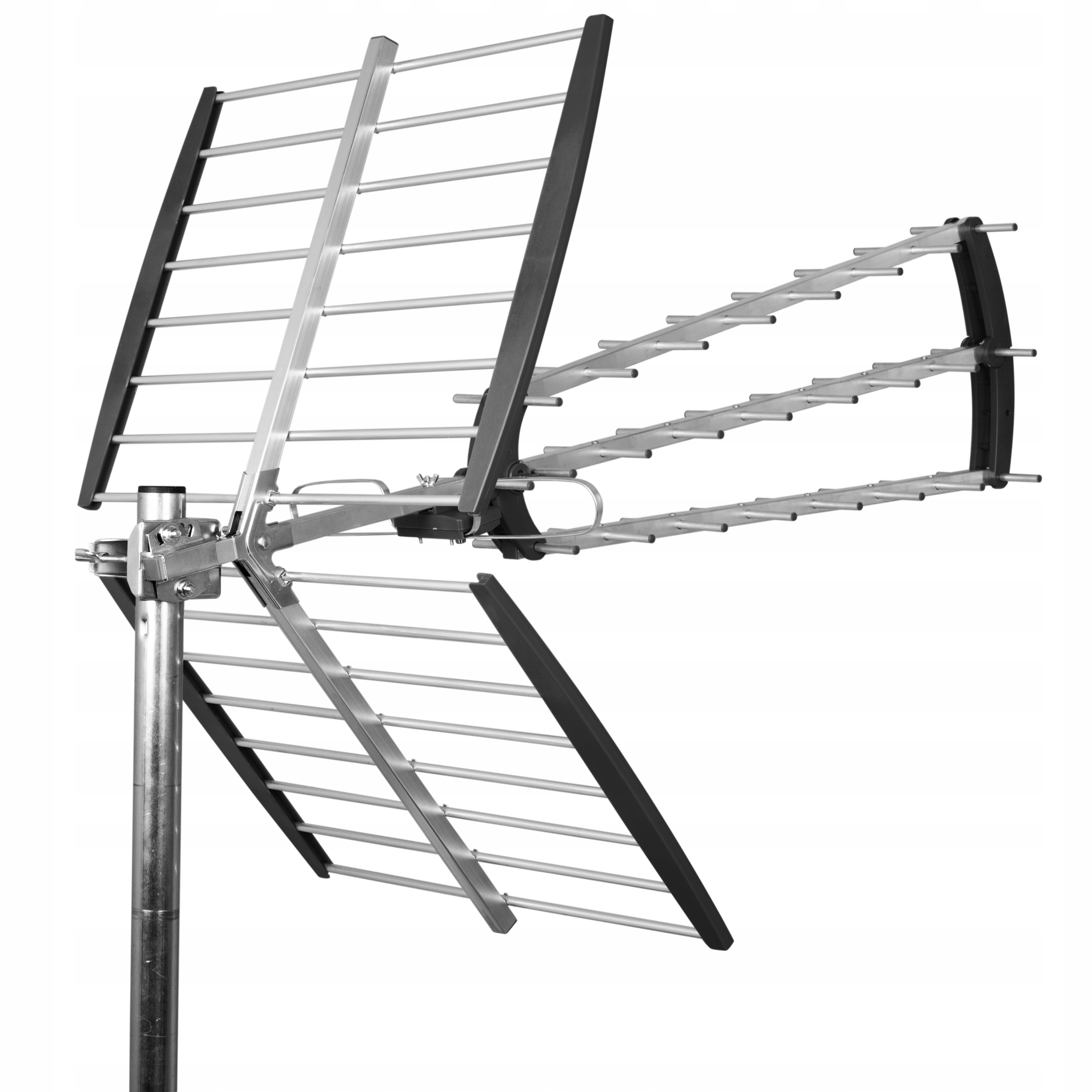 Srebrny maszt antenowy z czarnymi zaślepkami i wieloma poziomymi prętami.