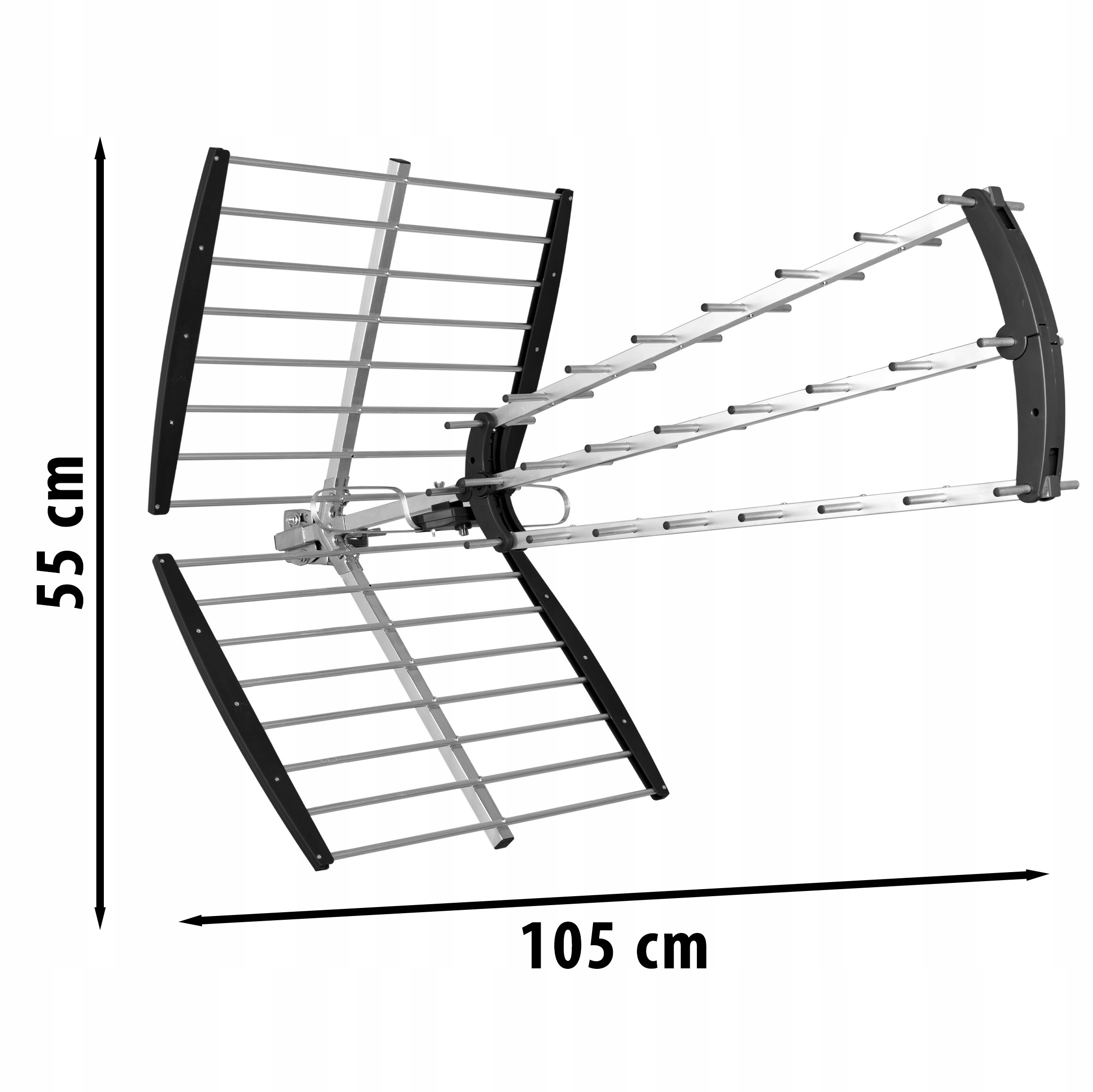 Srebrna antena z czarnymi akcentami, o wysokości 55 cm i długości 105 cm.