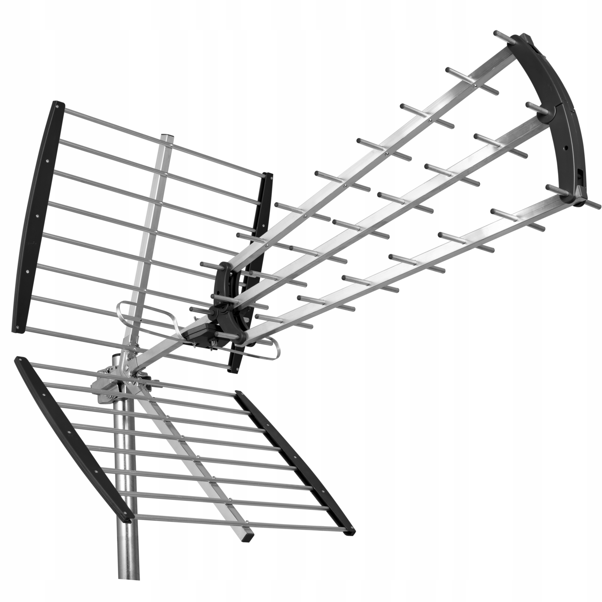 Srebrny maszt antenowy z czarnymi zaślepkami i wieloma metalowymi prętami.