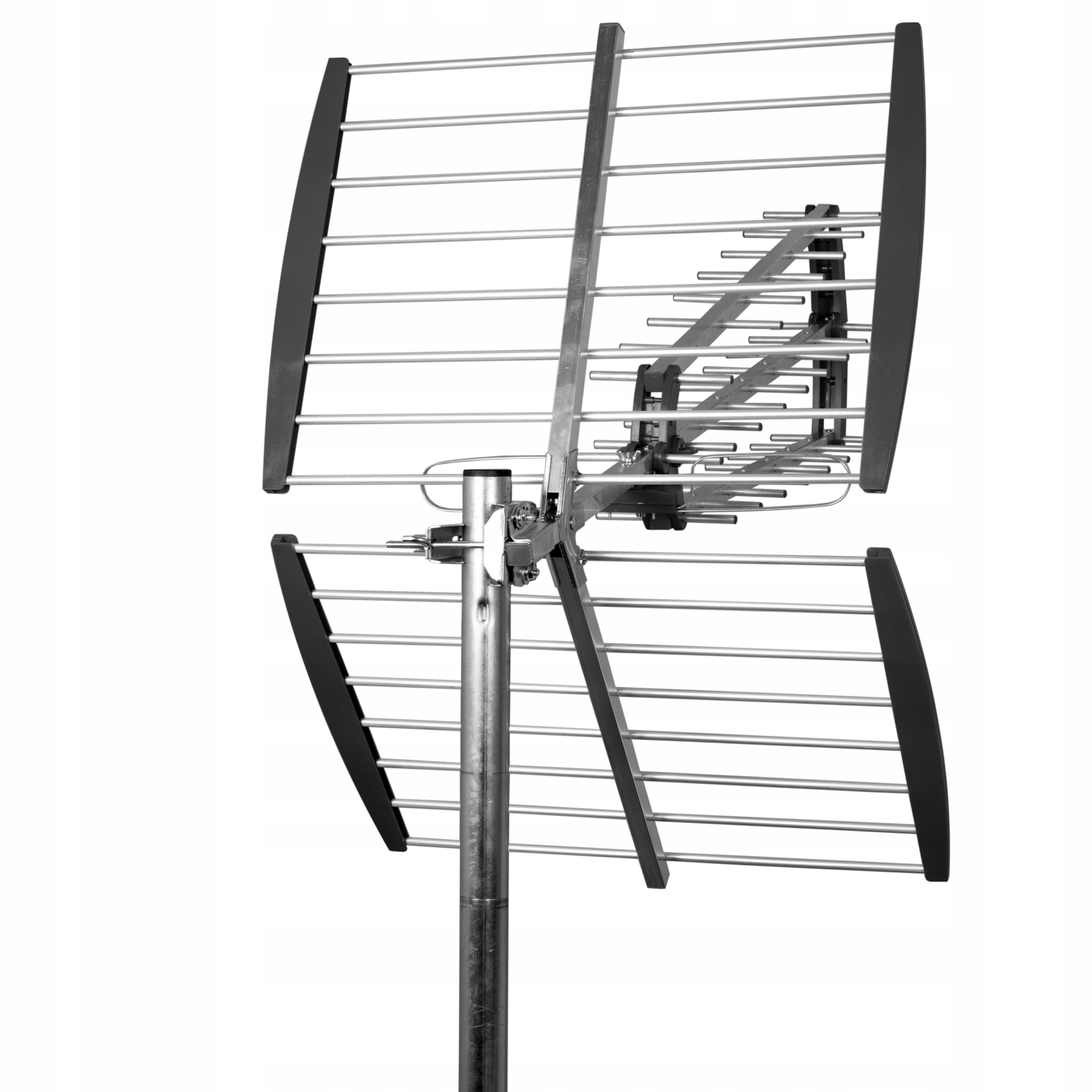 Antena z wieloma srebrnymi prętami i czarnymi nakładkami na metalowym słupku.