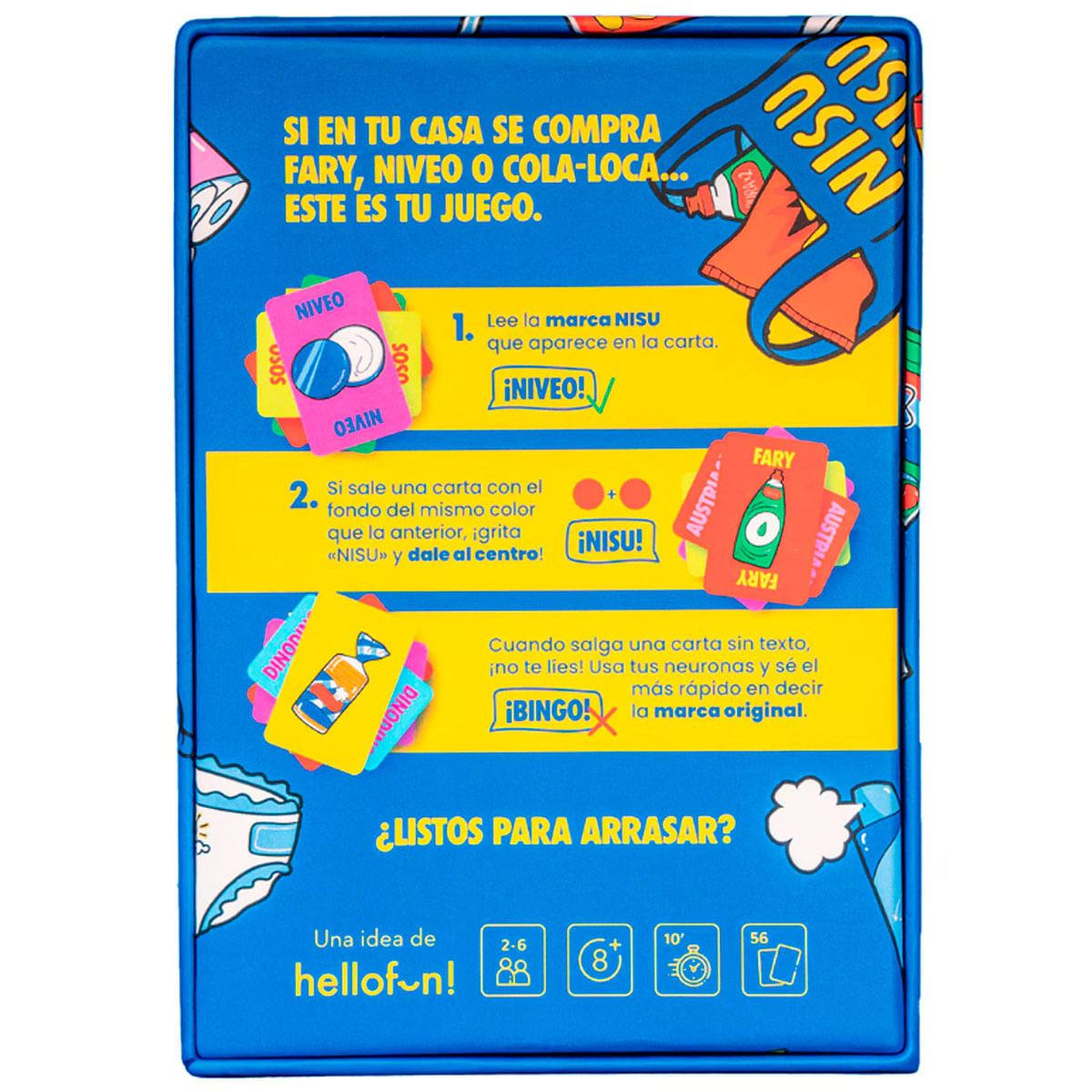Caja de juego con instrucciones y cartas. Azul con acentos amarillos y rojos.