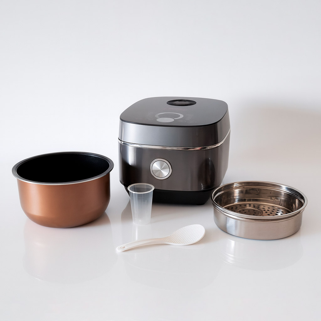 Una arrocera moderna y sus accesorios: olla interior, taza medidora, cuchara y vaporera.