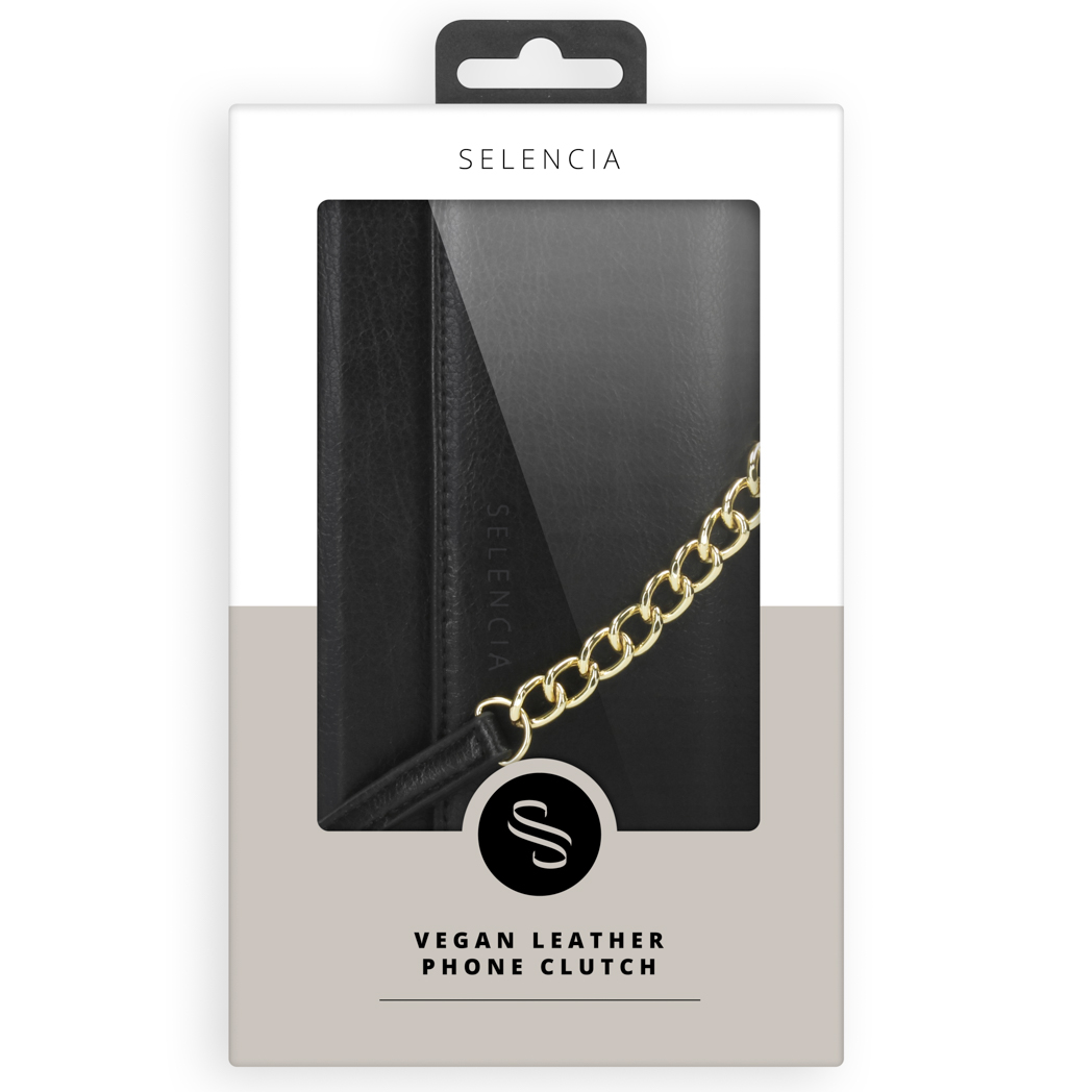 Pochette noire en cuir vegan avec chaîne dorée et logo S.