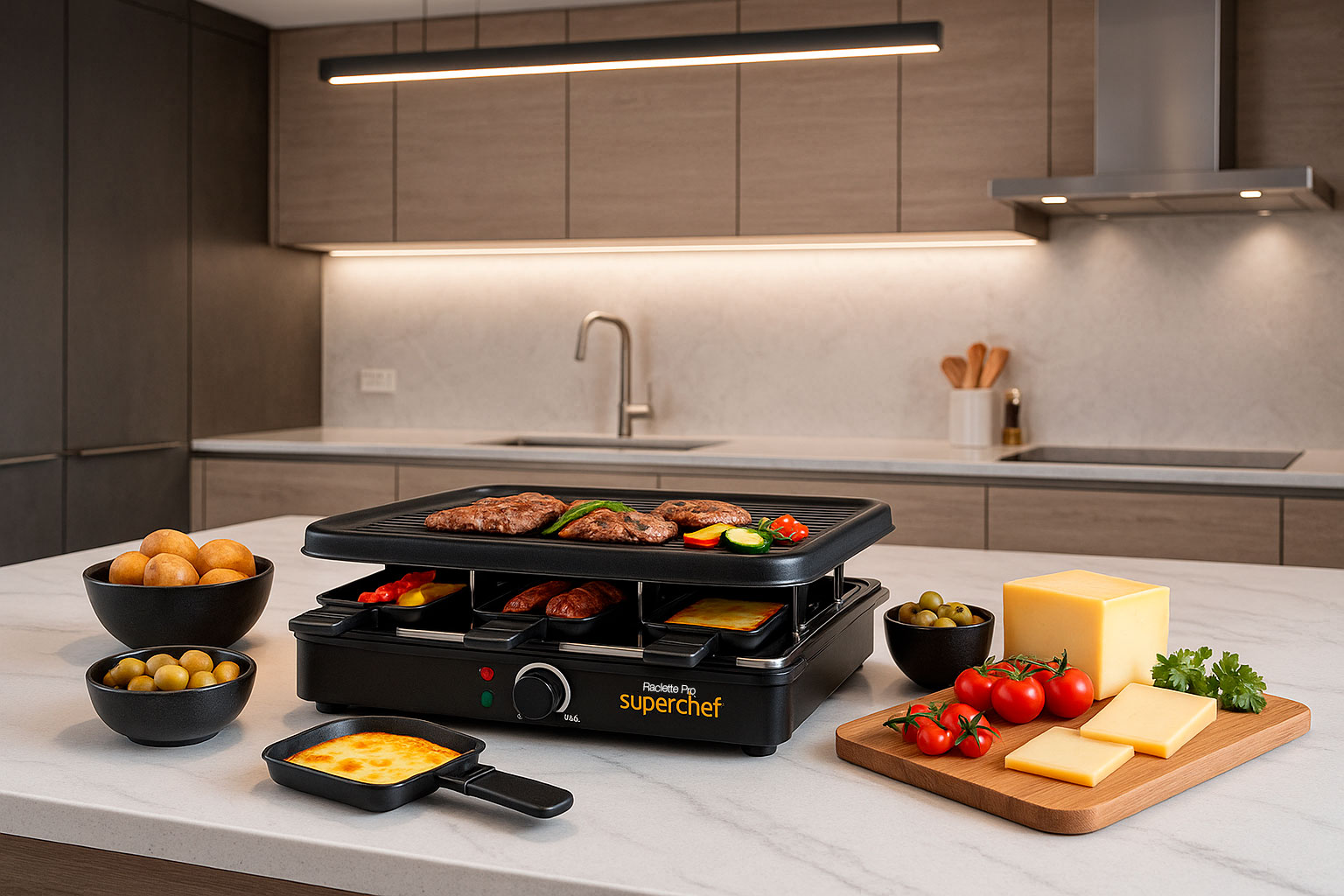 Una parrilla de raclette con carne y verduras, queso y acompañamientos.