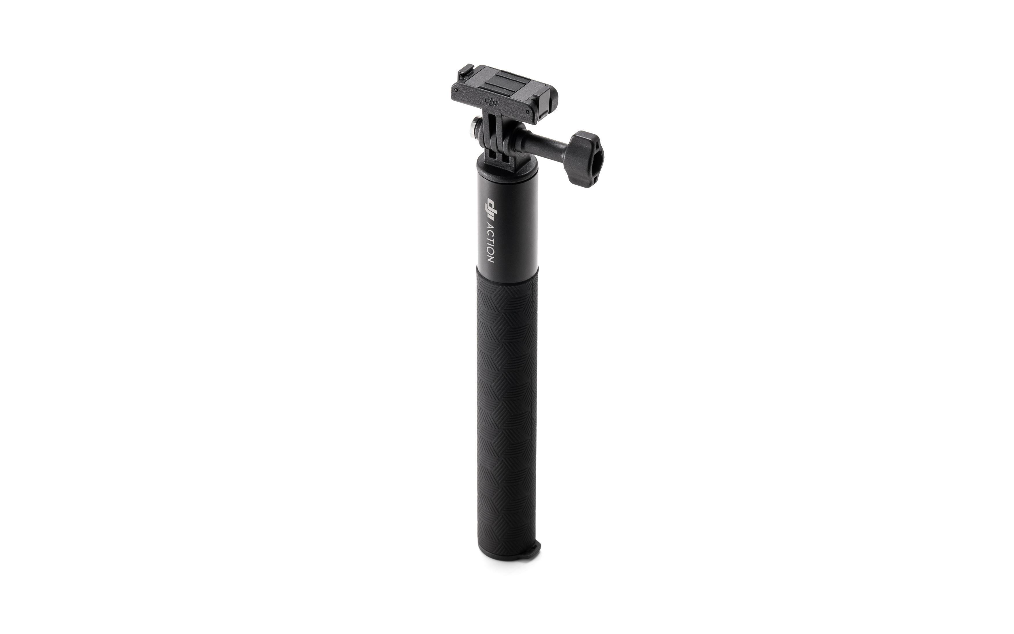 Un'impugnatura per fotocamera nera con logo DJI ACTION su sfondo bianco.