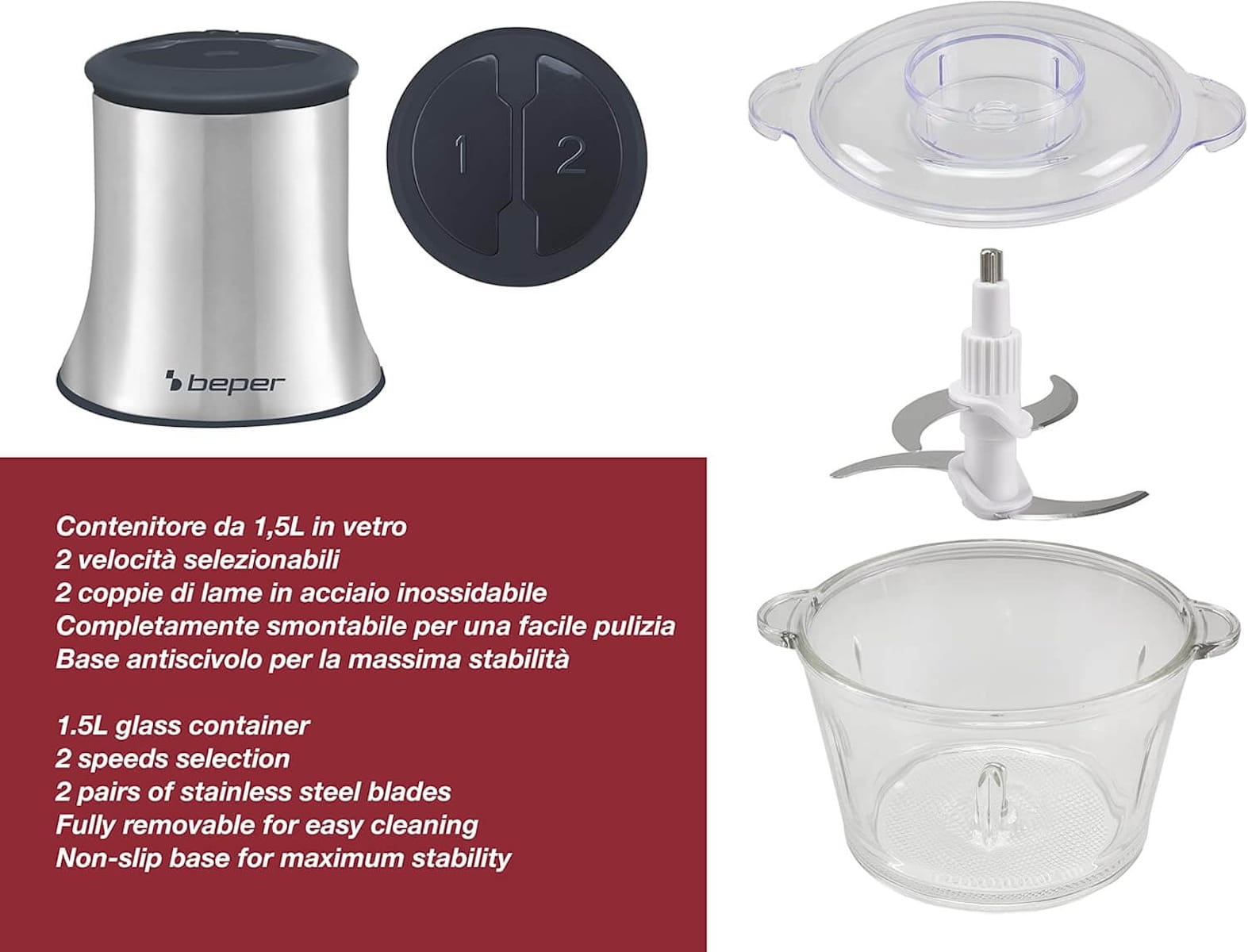 Elegante elettrodomestico con contenitore in vetro, lame e coperchio.