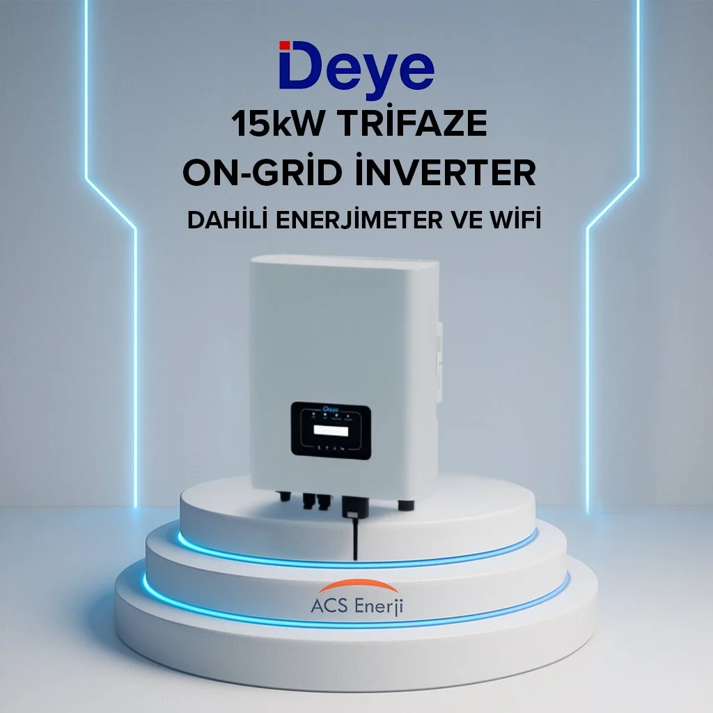 Dahili enerji ölçerli beyaz Deye 15kW trifaze on-grid inverter.