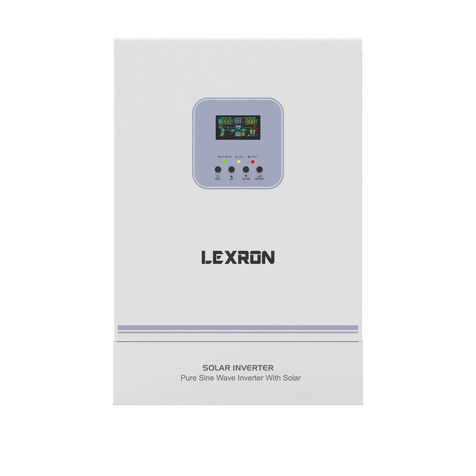 LEXRON logosu, ekranı ve kontrol düğmeleri olan beyaz bir güneş invertörü.
