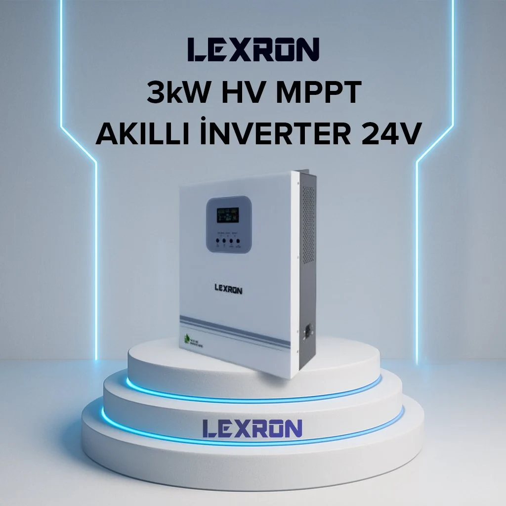 Lexron logolu beyaz bir invertör yuvarlak bir podyumda duruyor.