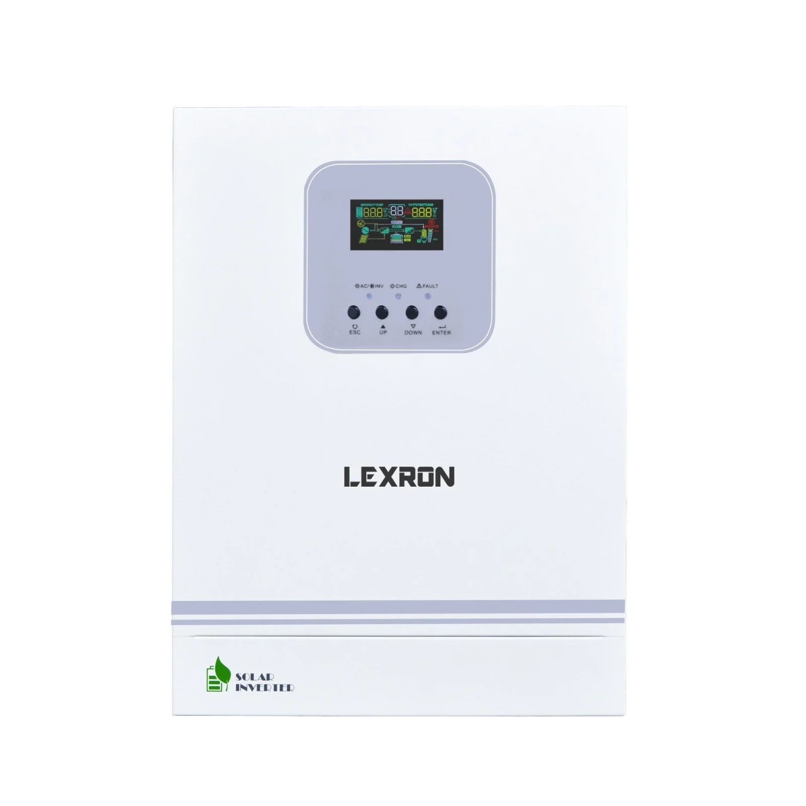Lexron logolu beyaz solar invertör ve LCD ekran.
