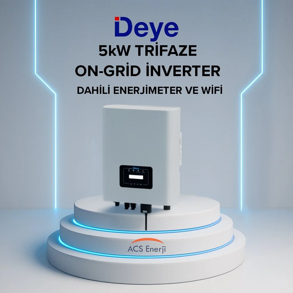 Dahili enerji ölçer ve WiFi'li beyaz Deye 5kW trifaze on-grid inverter.