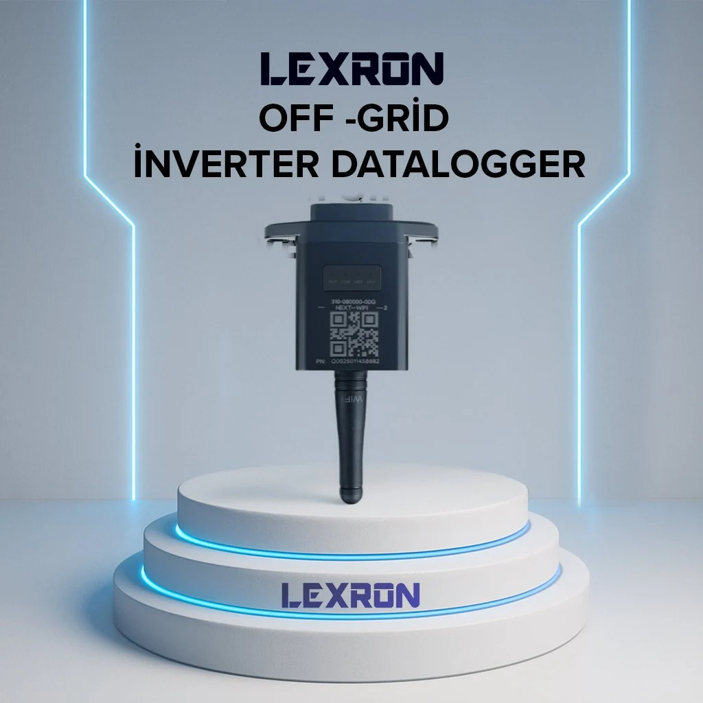Lexron Off-Grid İnverter Datalogger, mavi neon ışıklı beyaz sahnede.
