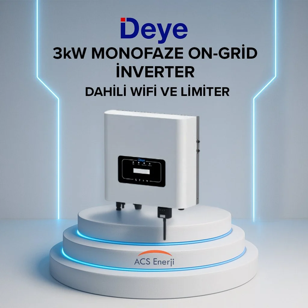Dahili WiFi ve limitörlü beyaz Deye 3kW monofaze şebeke tipi invertör sergileme standında.