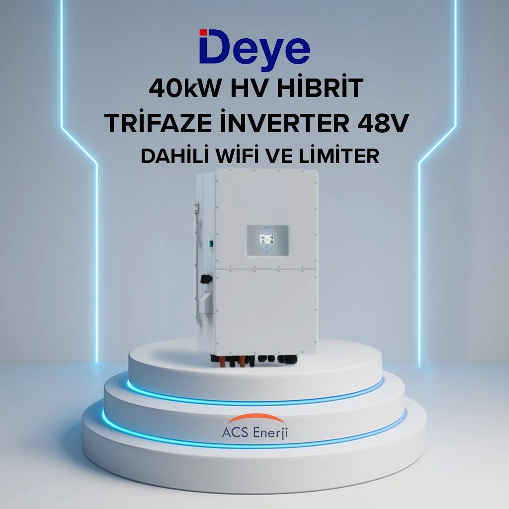 Dahili WiFi ve limitörlü beyaz 40kW HV hibrit inverter bir podyum üzerinde duruyor.