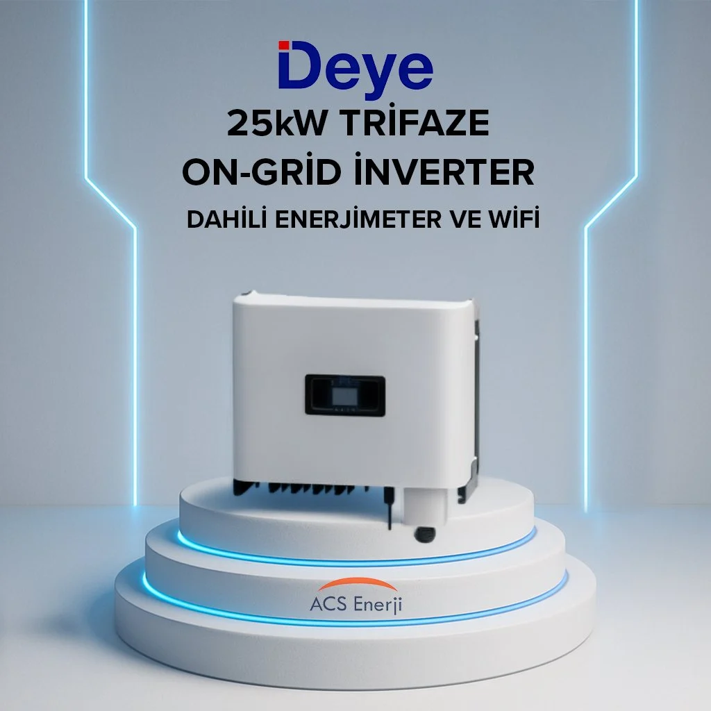 Dahili enerji ölçerli beyaz Deye 25kW üç fazlı on-grid inverter.