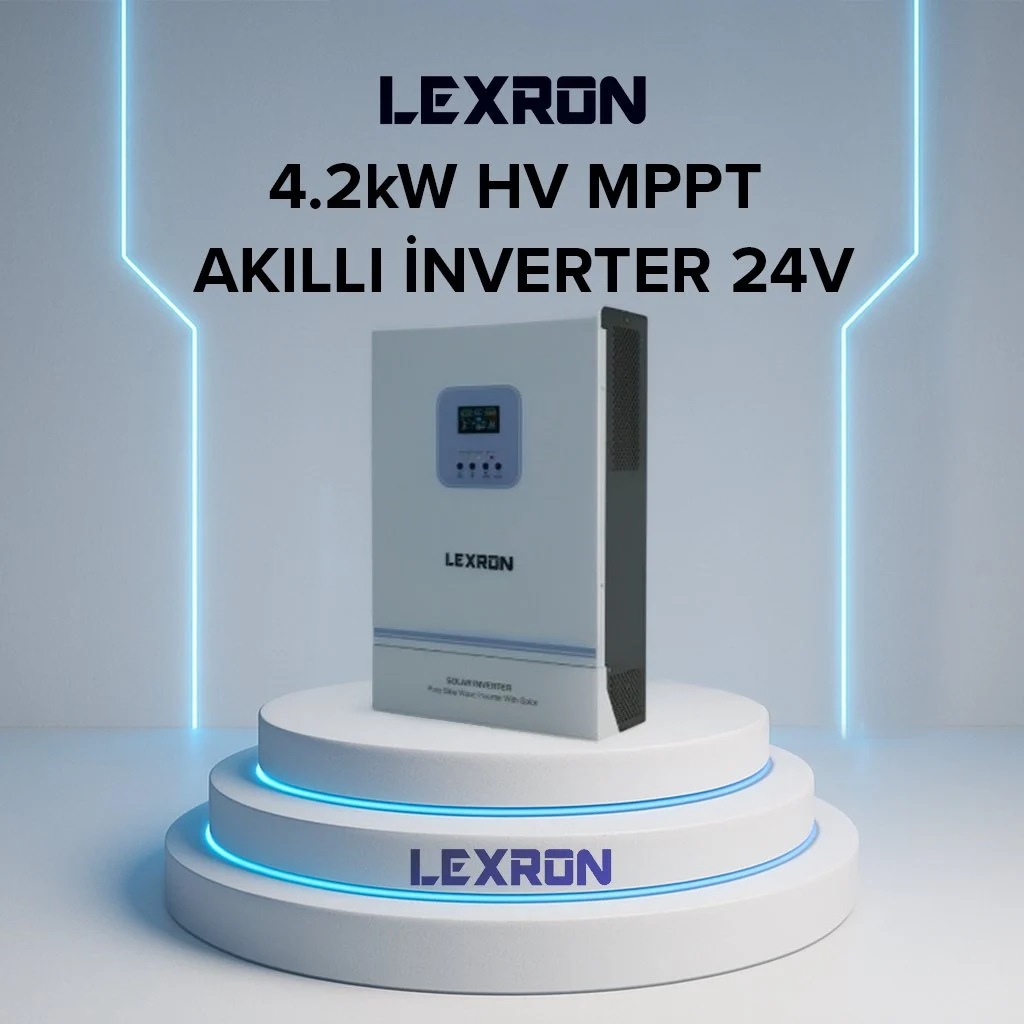 Mavi ışıklı bir podyumda beyaz LEXRON 4,2kW invertör.