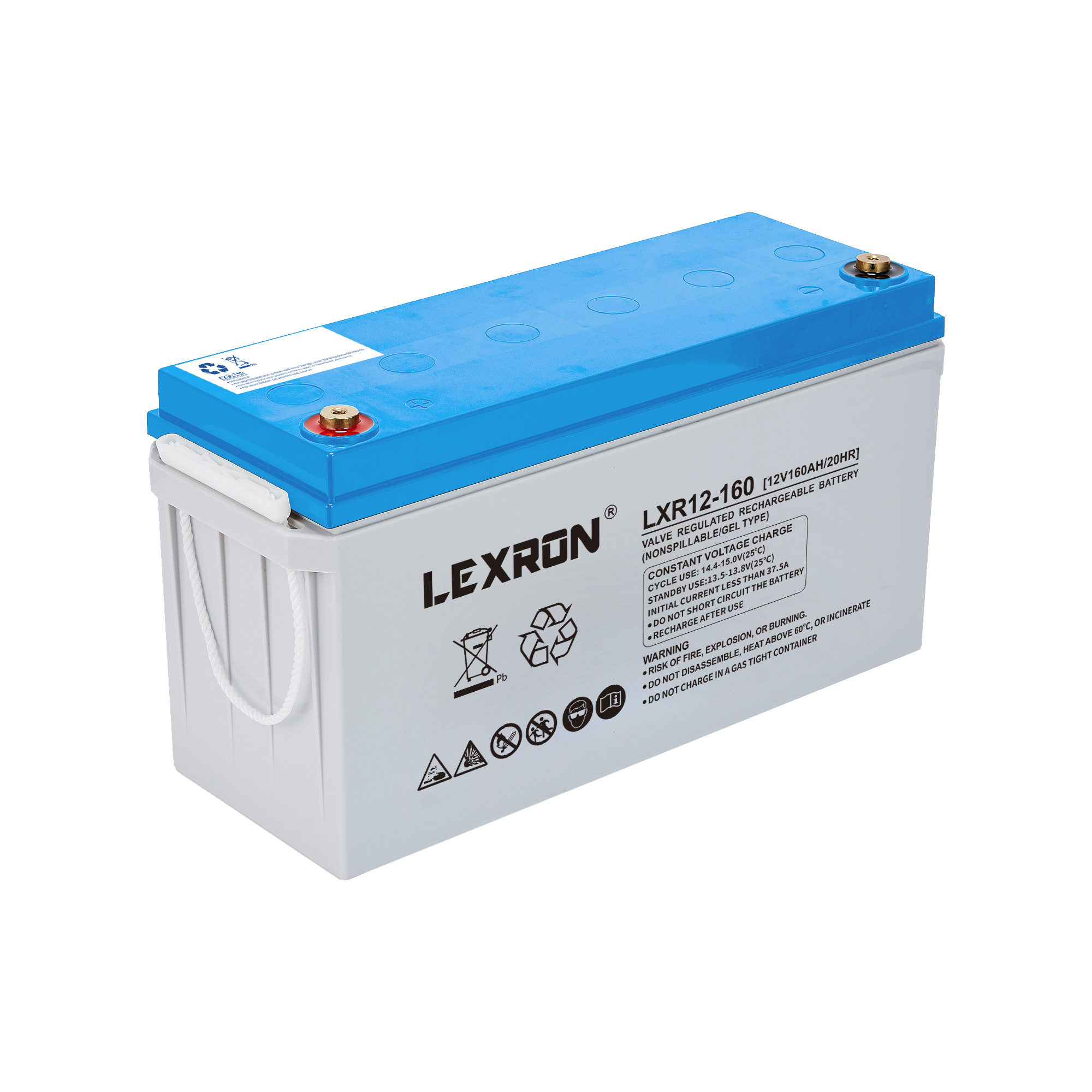 Lexron marka, LXR12-160 model, mavi kapaklı gri akü.