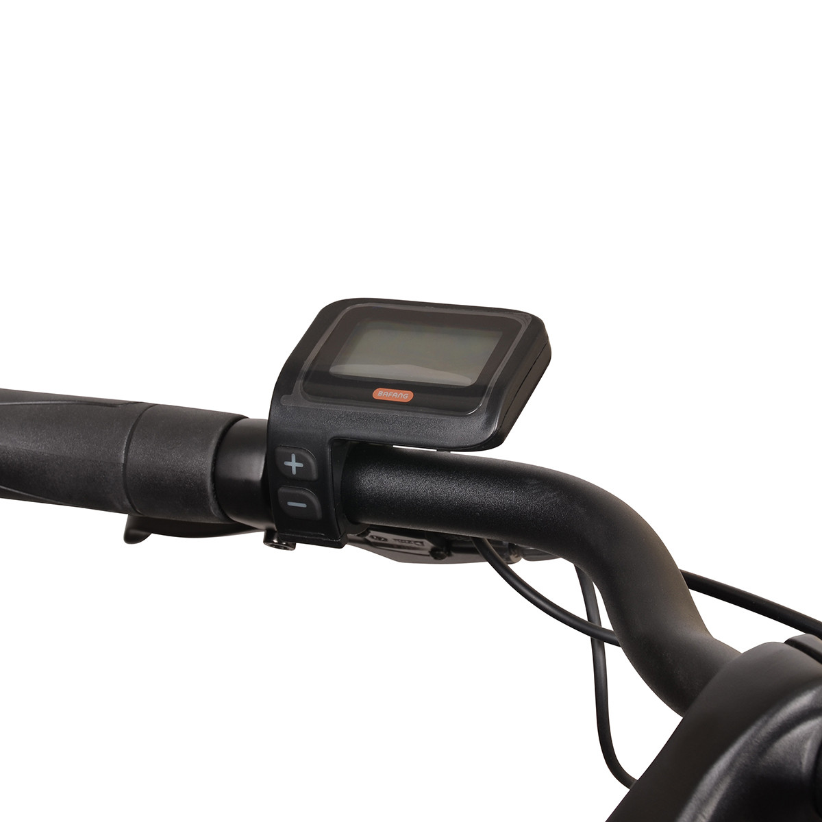 Wyświetlacz roweru elektrycznego z przyciskami sterowania i chwytem kierownicy.