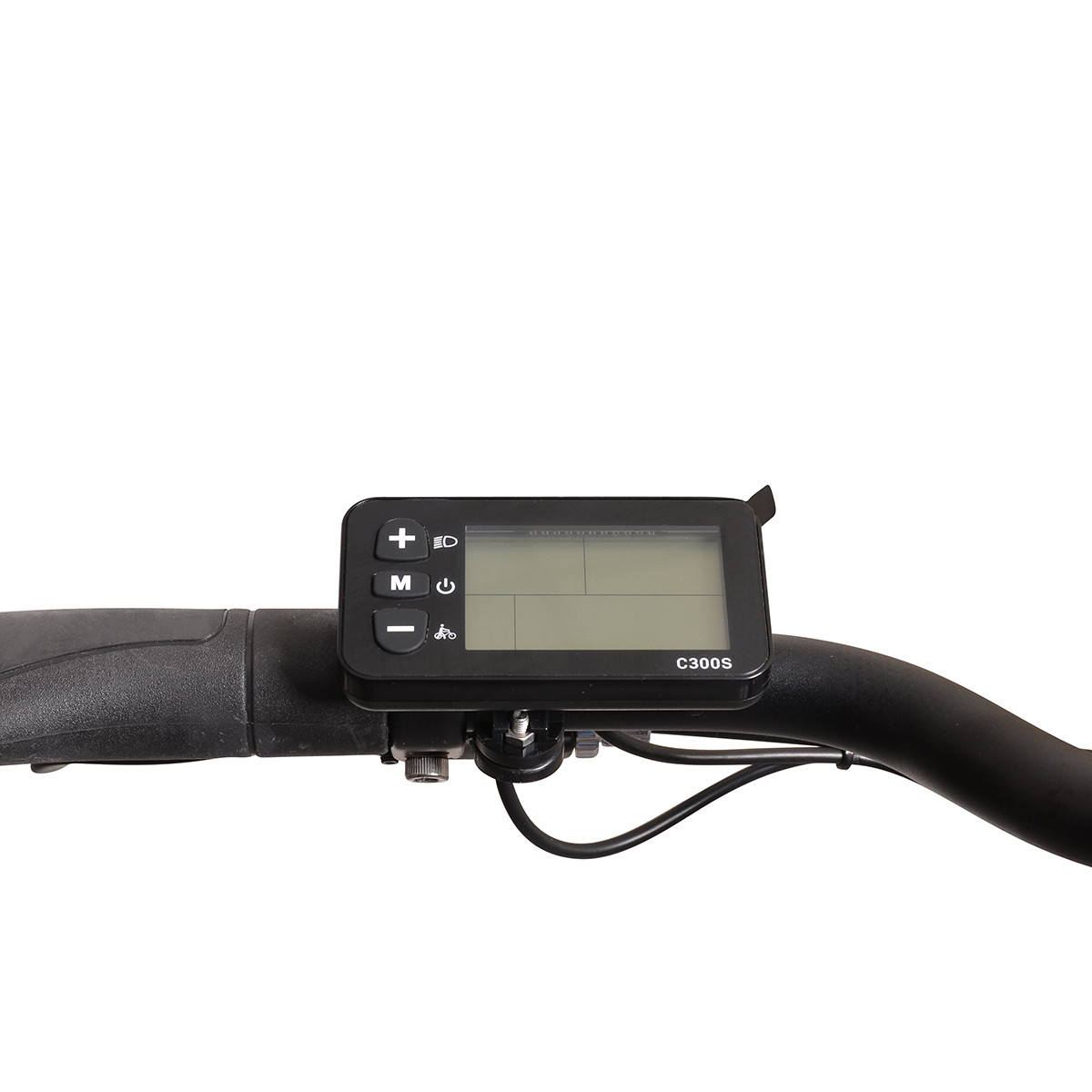 Czarny wyświetlacz roweru elektrycznego z przyciskami i pustym ekranem na kierownicy.