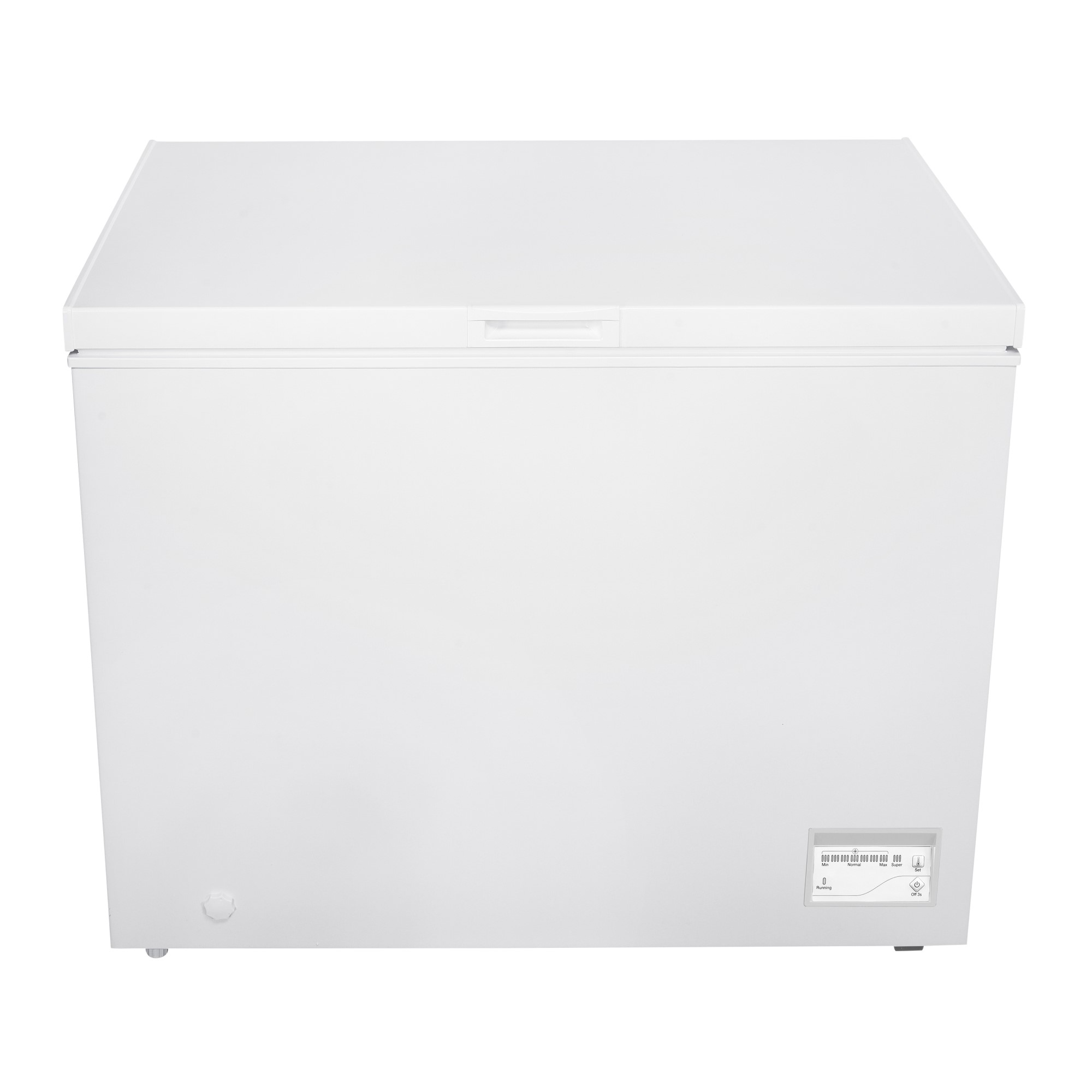 Ein weißer Truhengefrierschrank mit Griff und digitalem Display.
