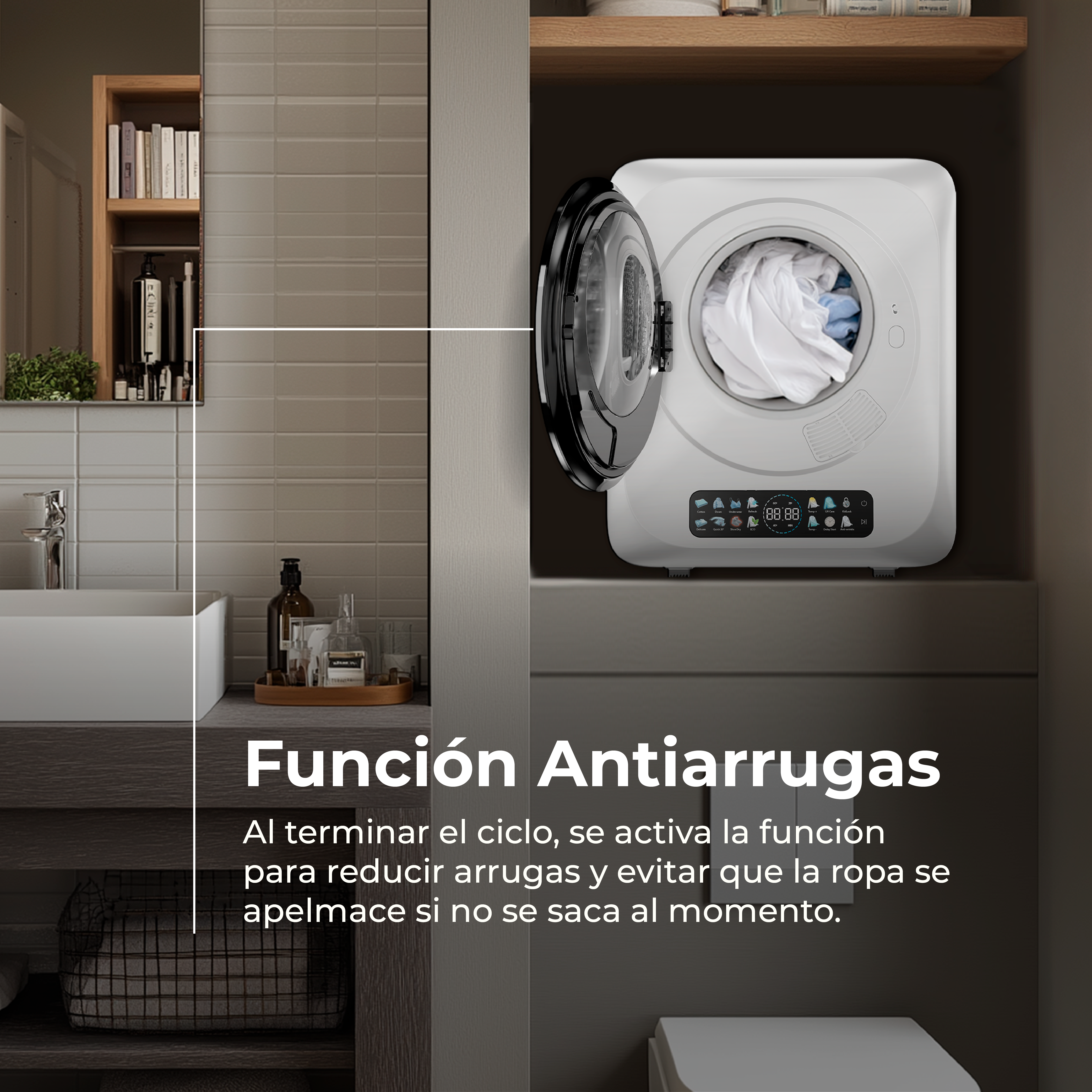 Una lavadora blanca con la puerta abierta, llena de ropa, está sobre un estante.