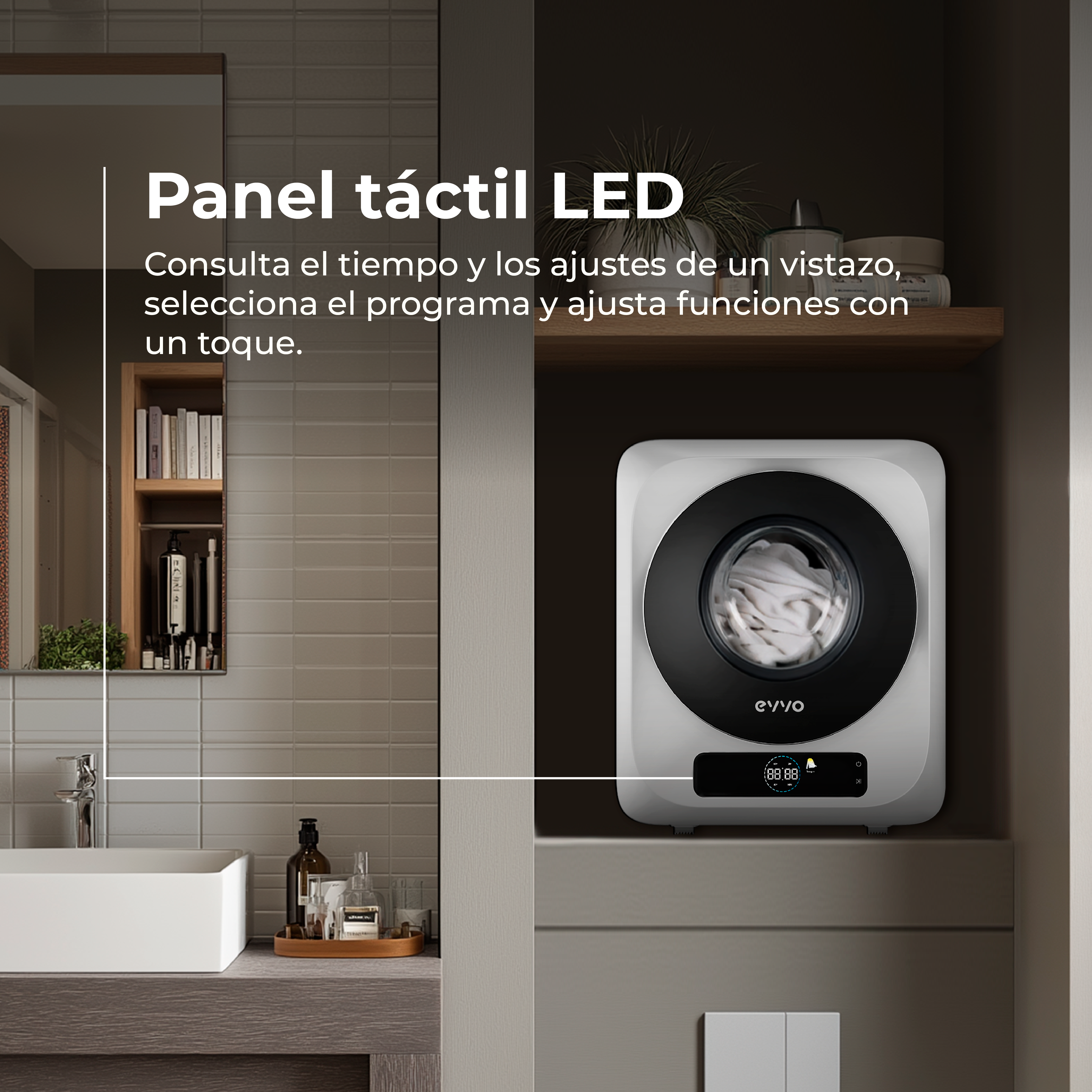 Una secadora blanca con ojo de buey negro y pantalla LED está en un estante.