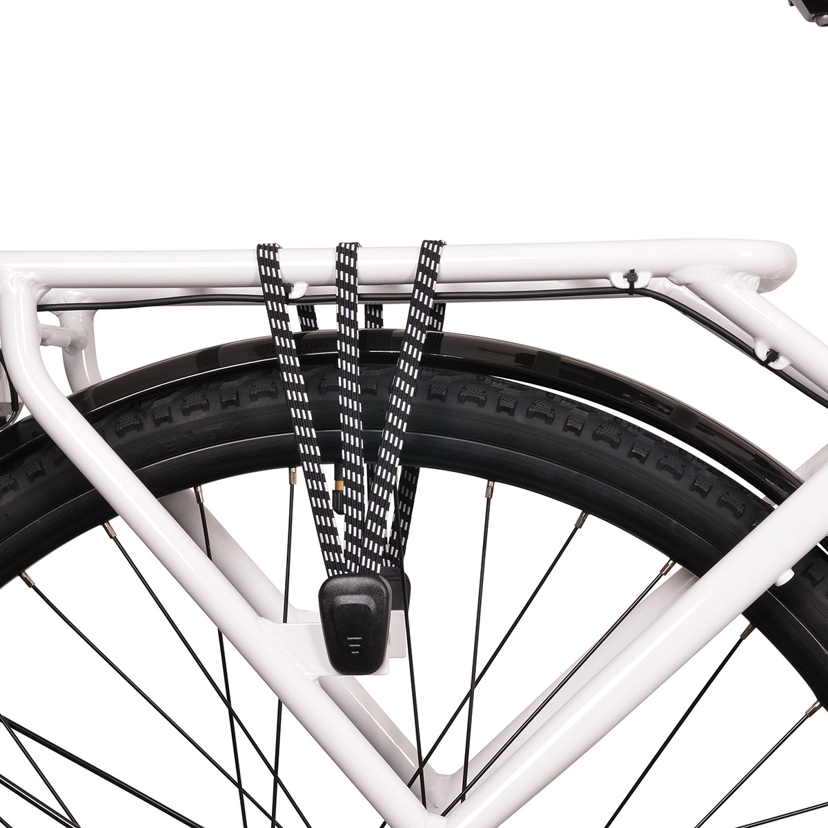 Biay rower z czarnymi gumkami i opon na biaym tle.