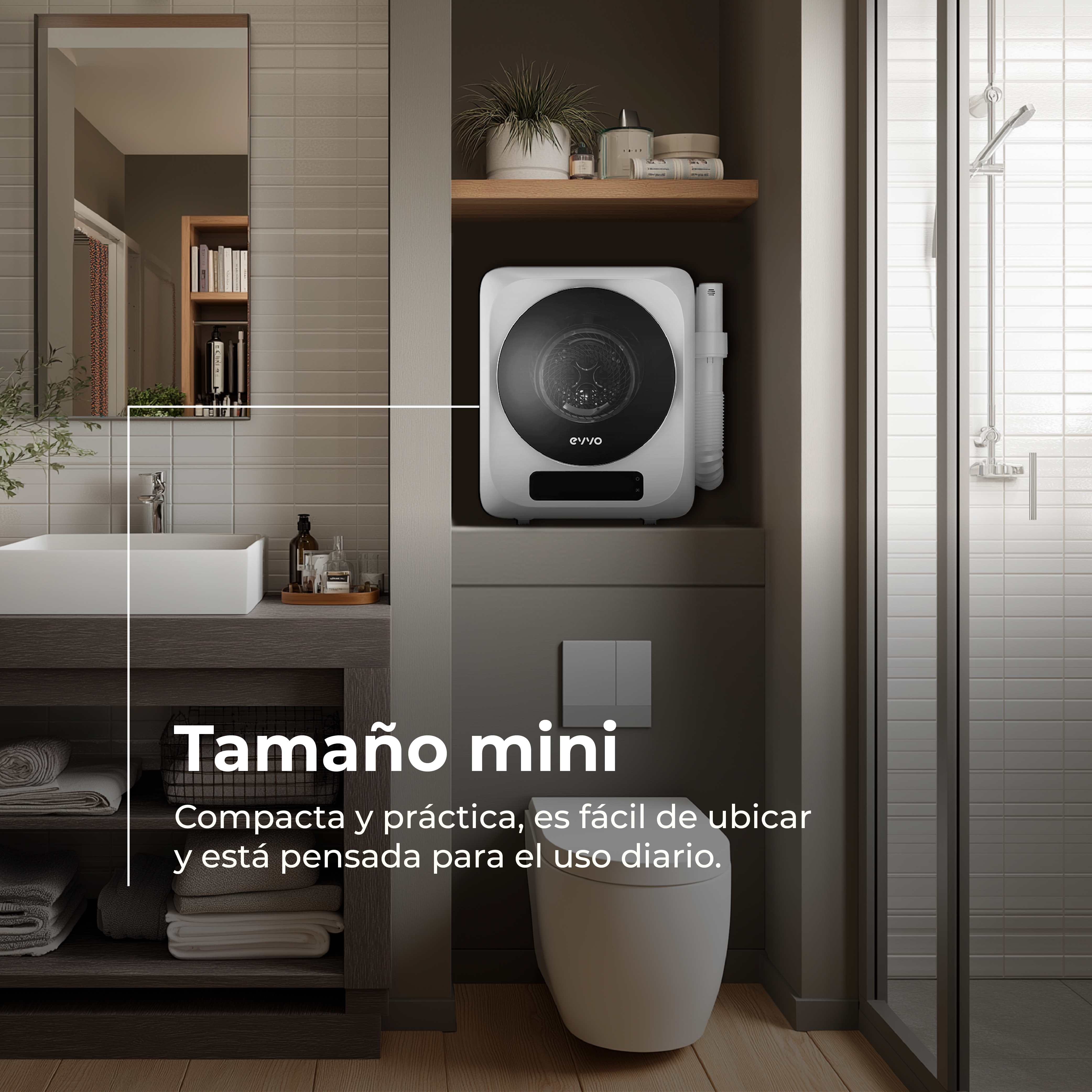 Un mini secador blanco en un baño con inodoro y lavabo.
