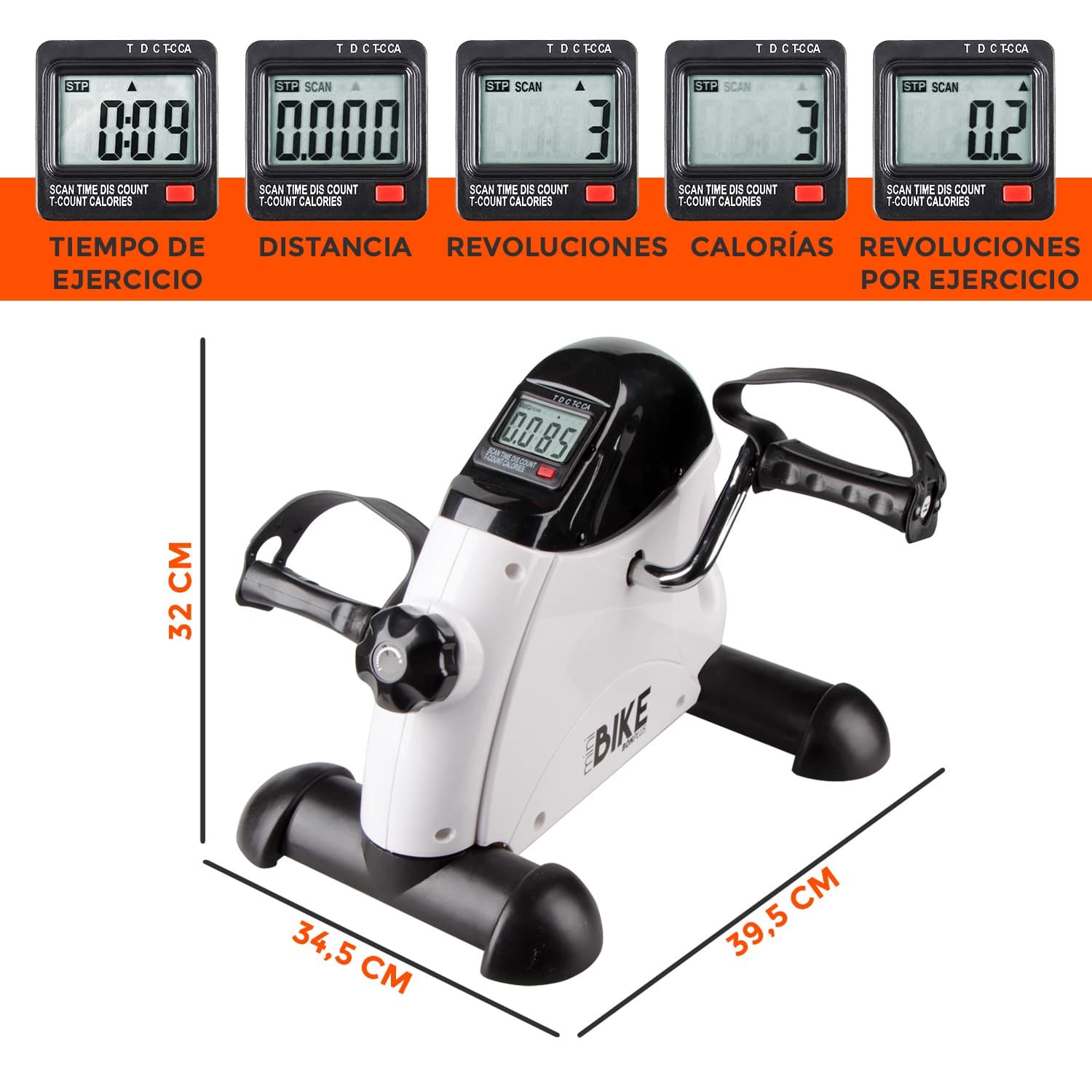 Bicicleta estática compacta con pantalla que muestra tiempo, distancia, RPM y calorías.